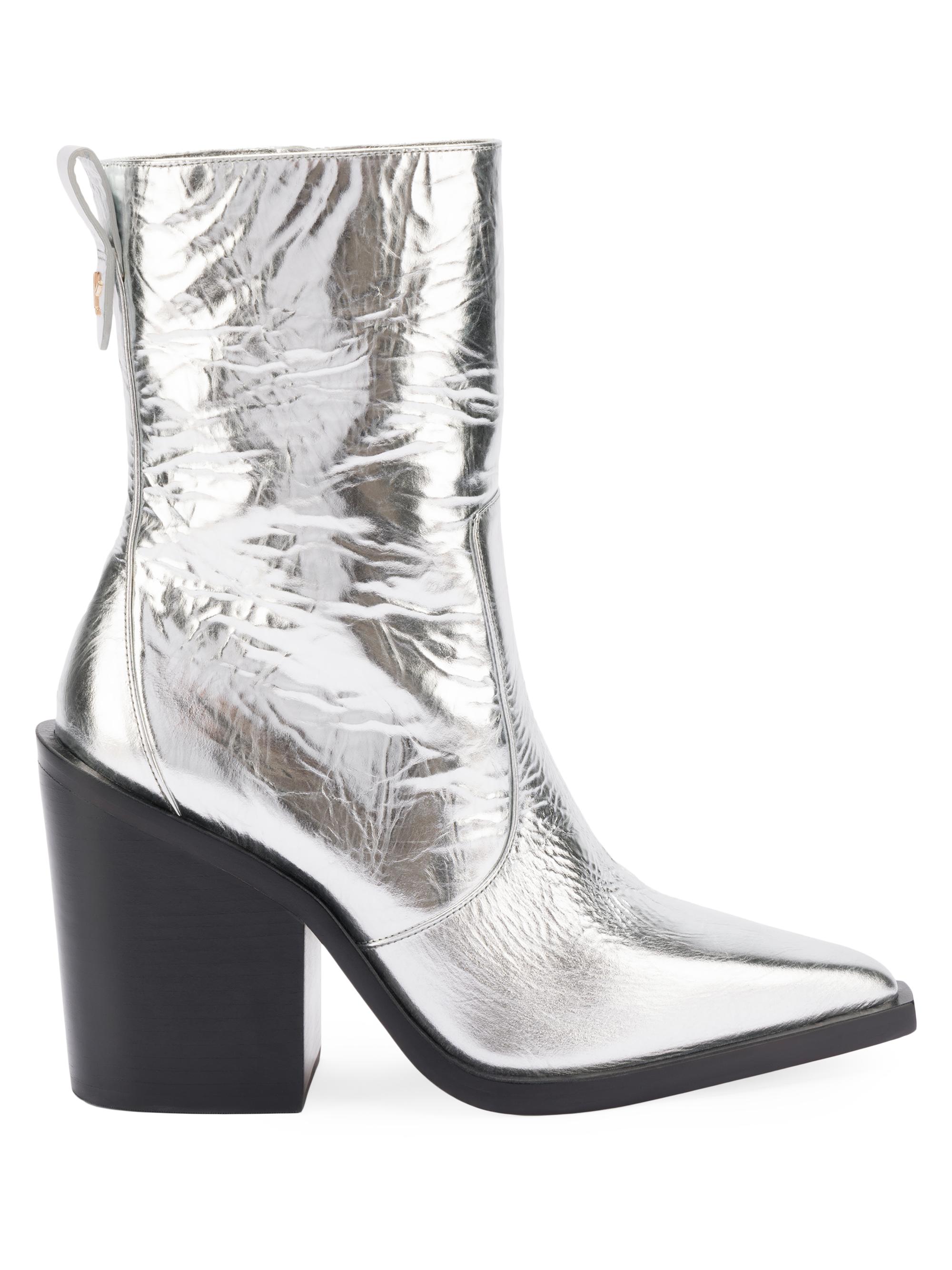 Larroudé Women's James 95MM Crinkled Metallic Leather Boots - Silver
