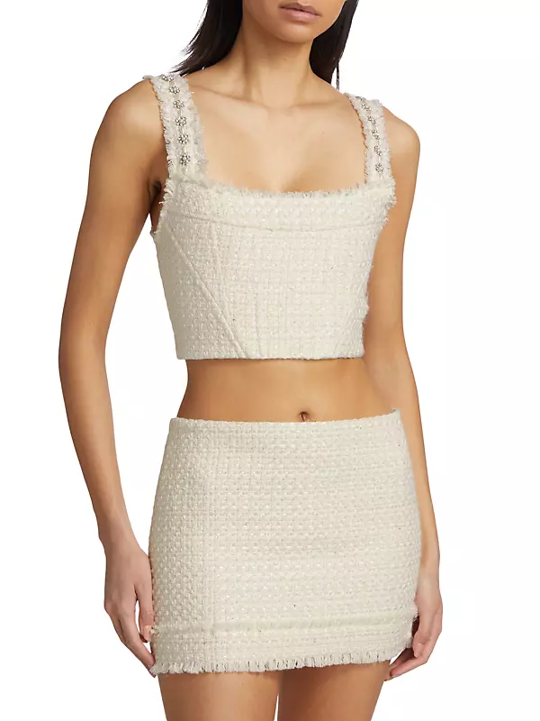 Shop Alice + Olivia Vicenta Beaded Tweed Crop Top | Saks Fifth Avenue
