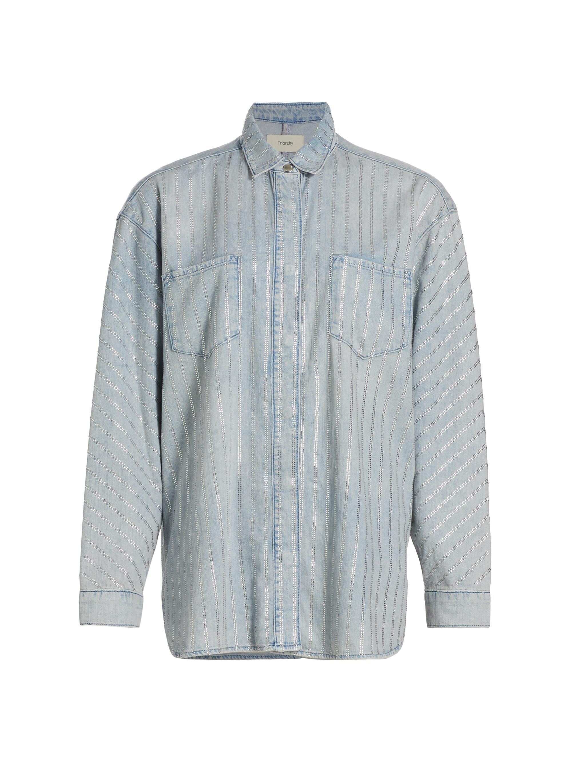 Triarchy Women's Ms. Sofiane Crystal-Embellished Classic Denim Shirt - Light Indigo Crystal Stripe