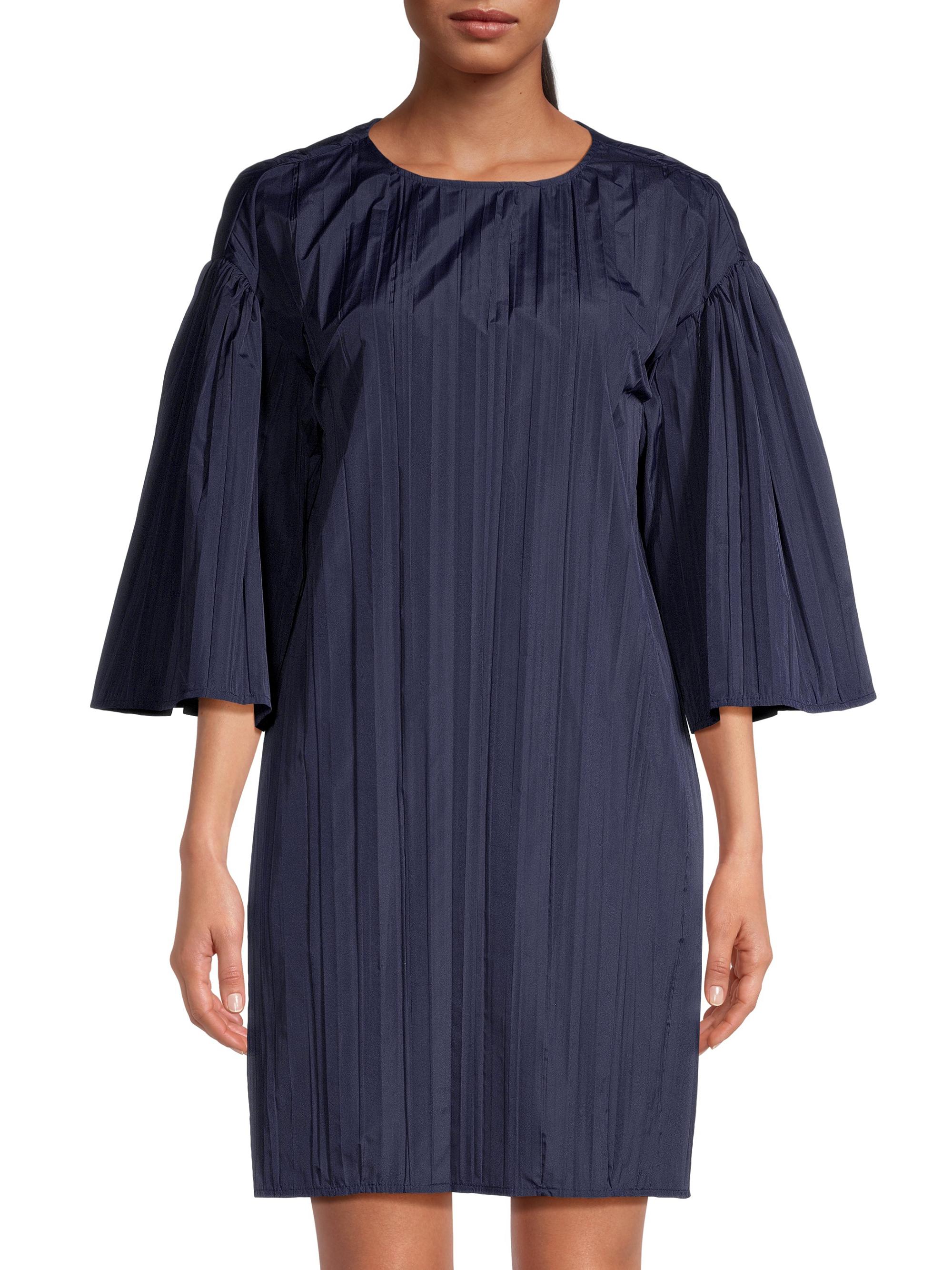pleated shift mini dress Blue Satin Pleated Dress - Swing Mini Dress - Halter Neck Dress