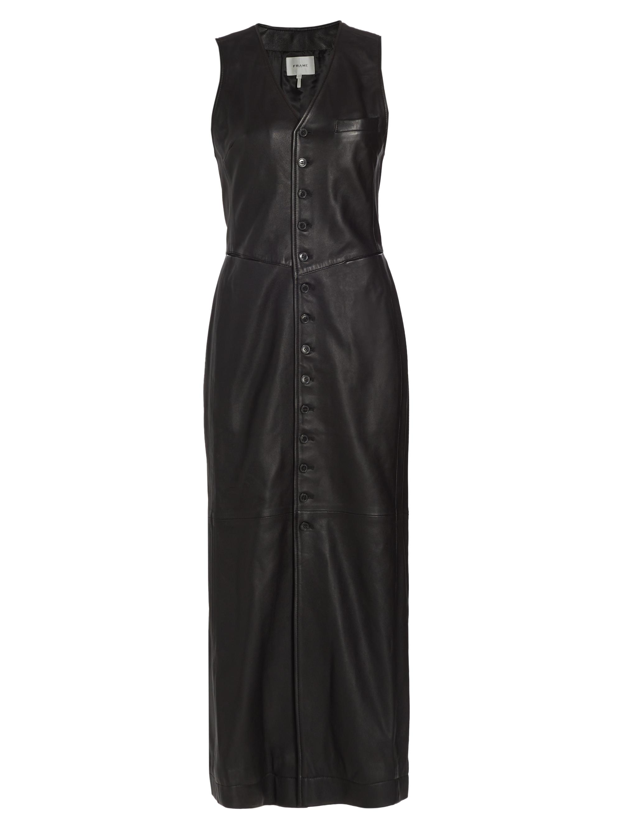 slim fit dress slacks Lovette Faux Leather Midi Dress in Black