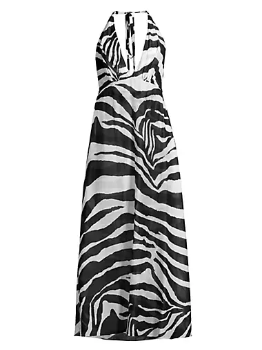 Zebra Cotton-Silk Halter Maxi Dress