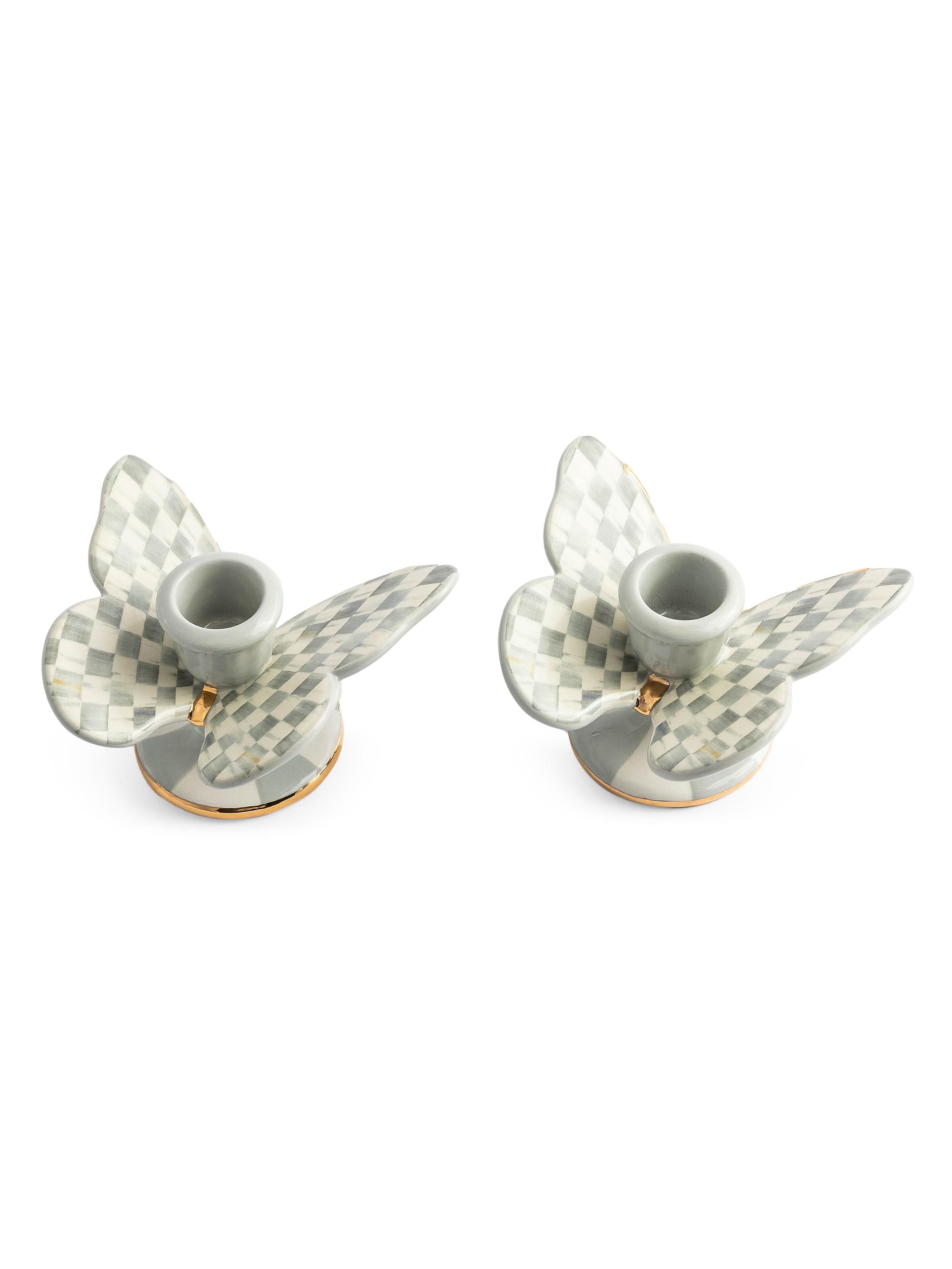 MacKenzie-Childs Sterling Check Butterfly 2-Piece Candleholders Set