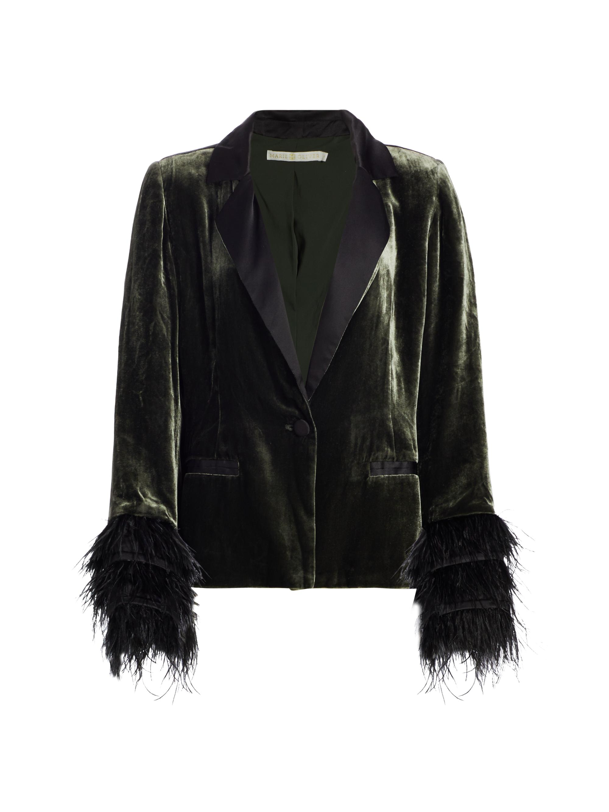 Marie Oliver Women's Esme Satin-&-Feather Trimmed Velvet Blazer - Army