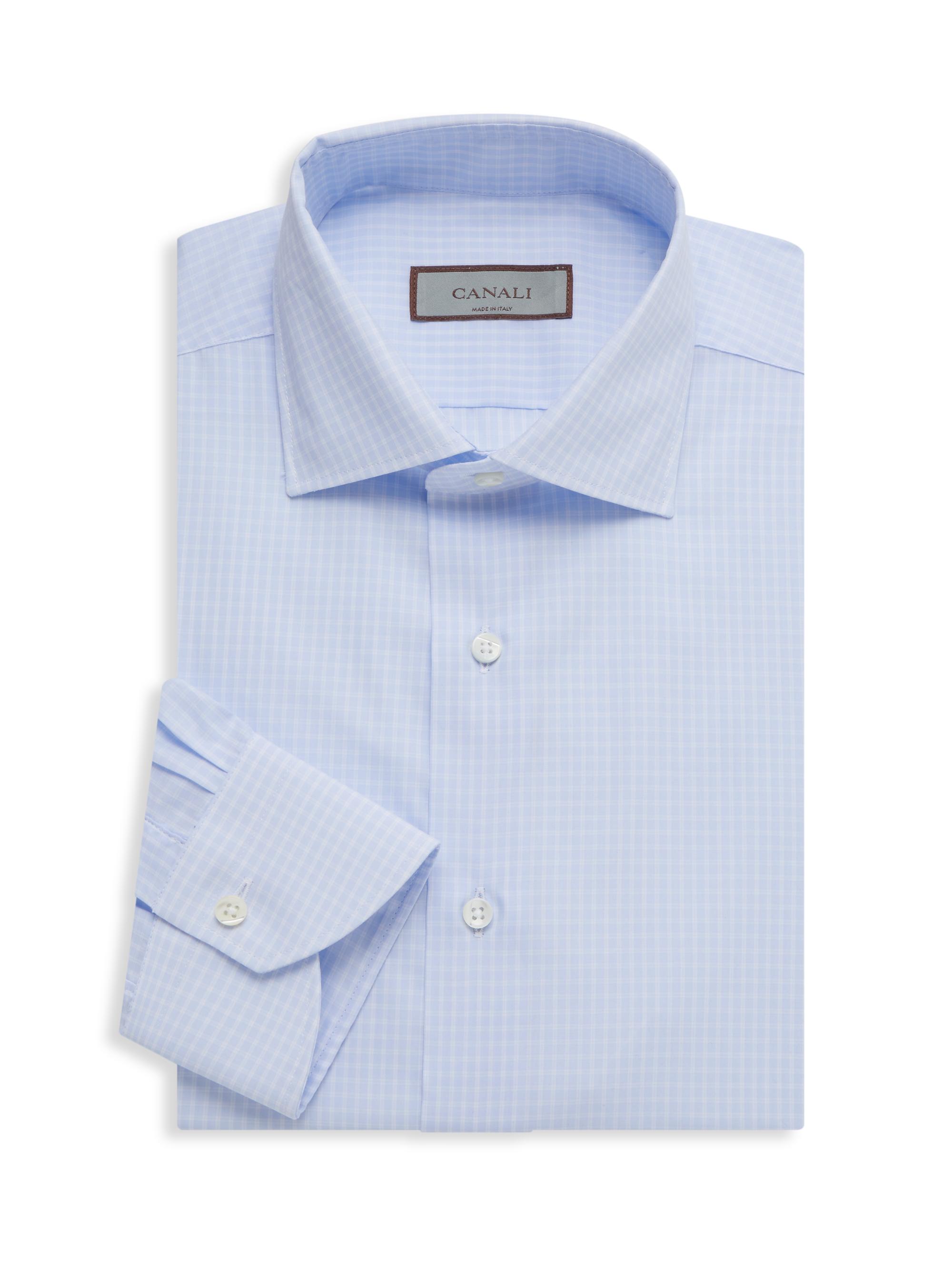 Canali Men's Checked Cotton Dress Shirt - Light Blue