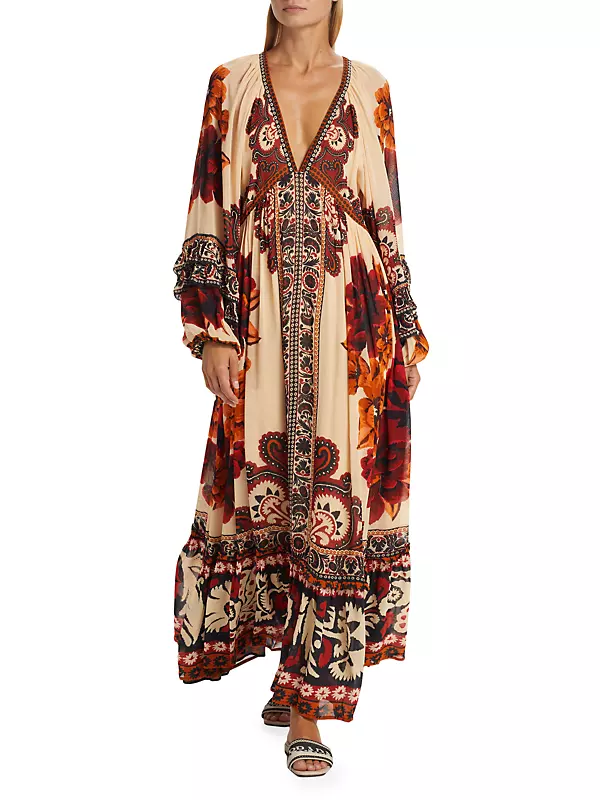 Winter Tapestry V-Neck Maxi Dress