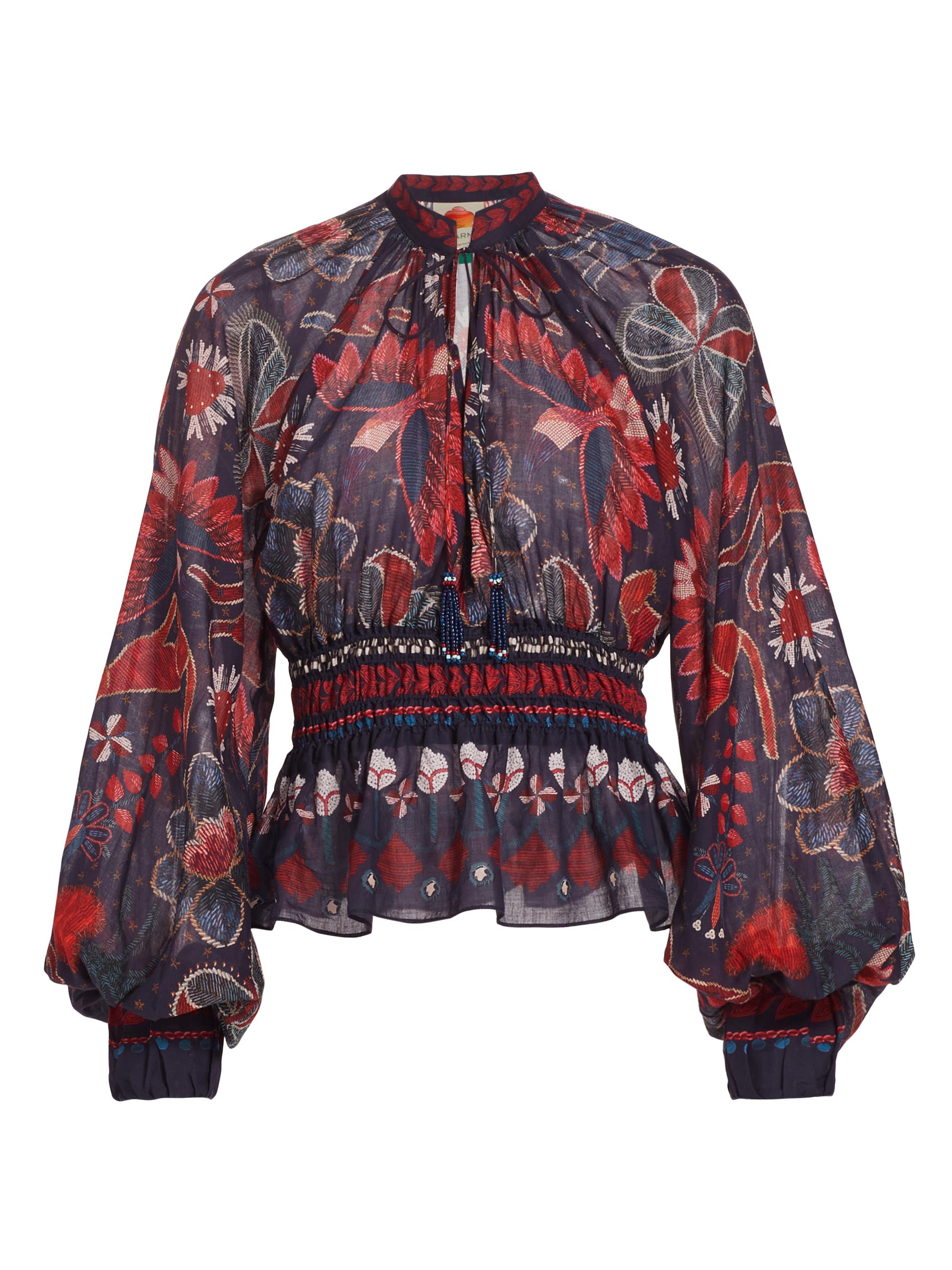 Farm Rio Women's Tropical Shine V-Neck Blouse - Dark Blue