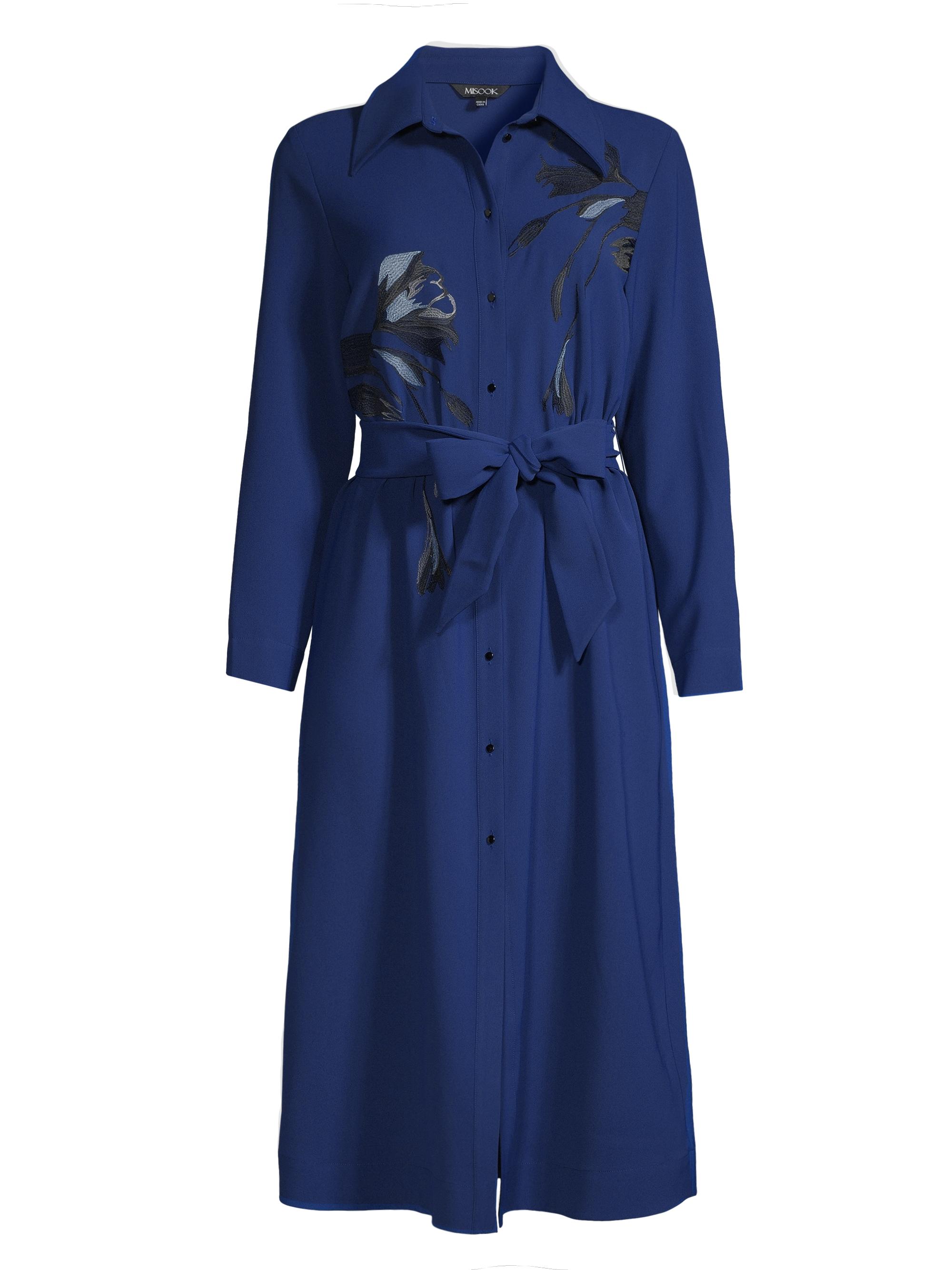 Misook Women's Floral Embroidered Tie-Waist Shirtdress