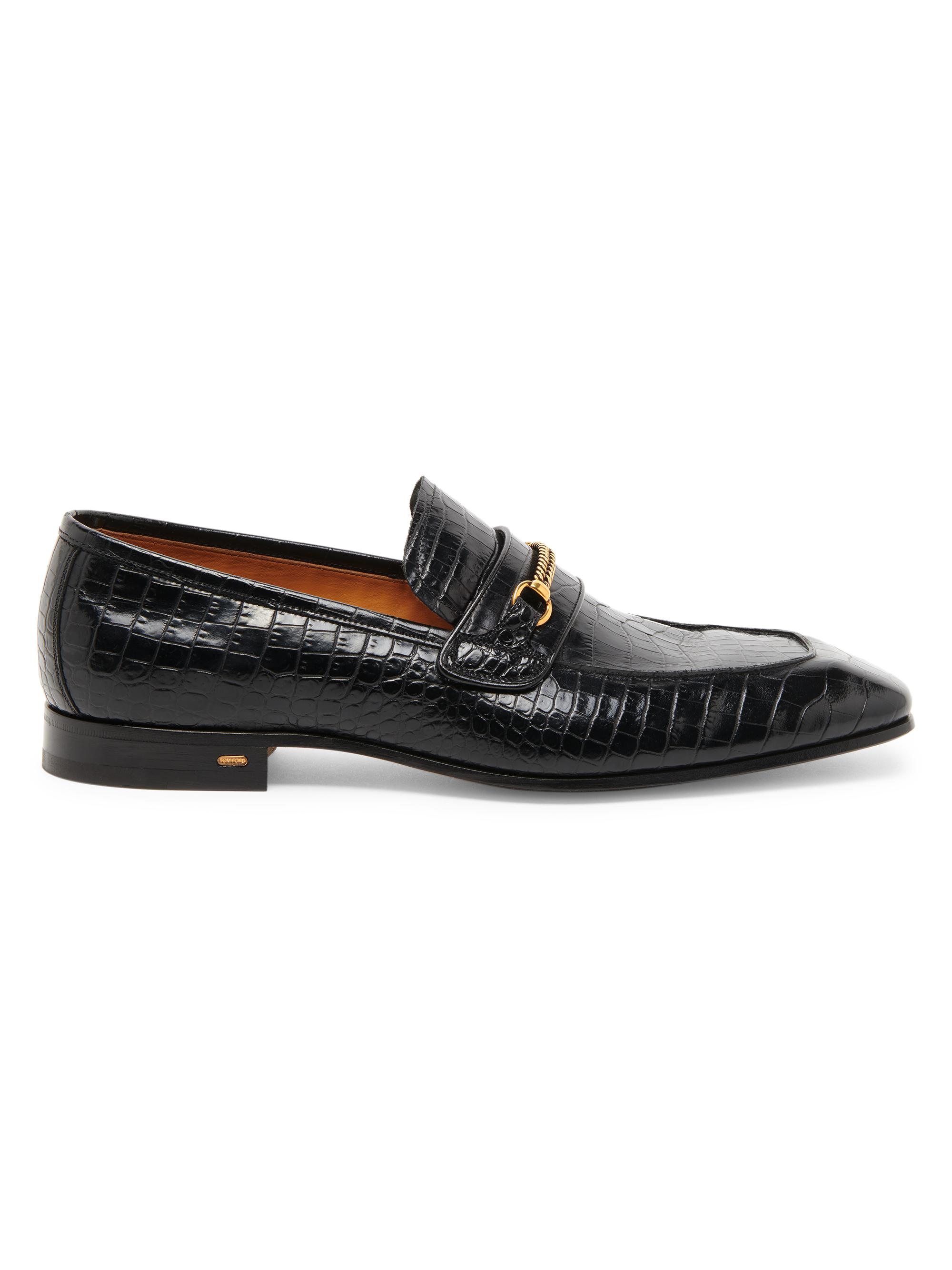 TOM FORD Men's Bailey Chain-Trimmed Crocodile-Embossed Leather Loafers - Black