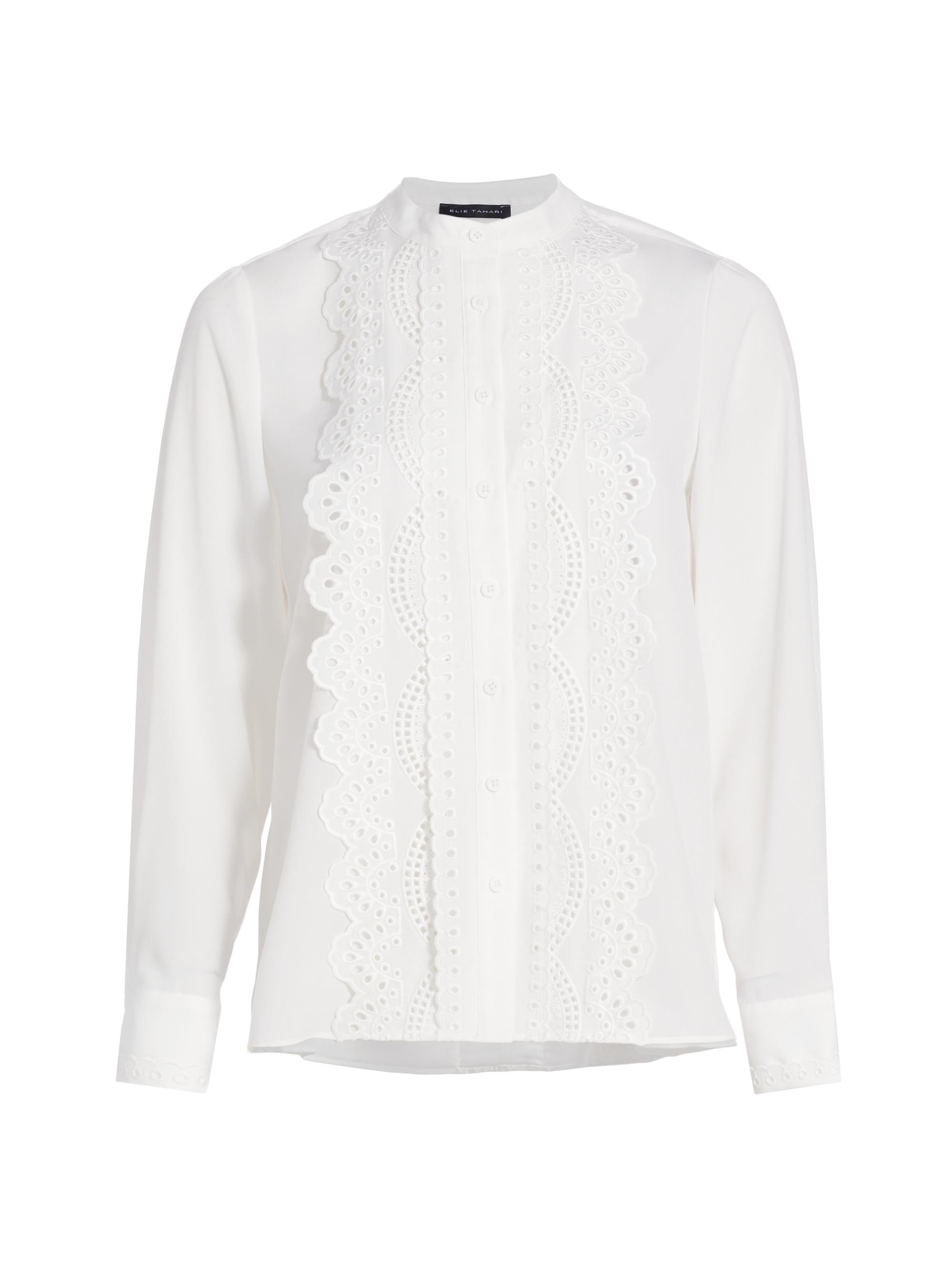 Elie Tahari Women's The Alessi Lace-Trim Silk Blouse - Sky White