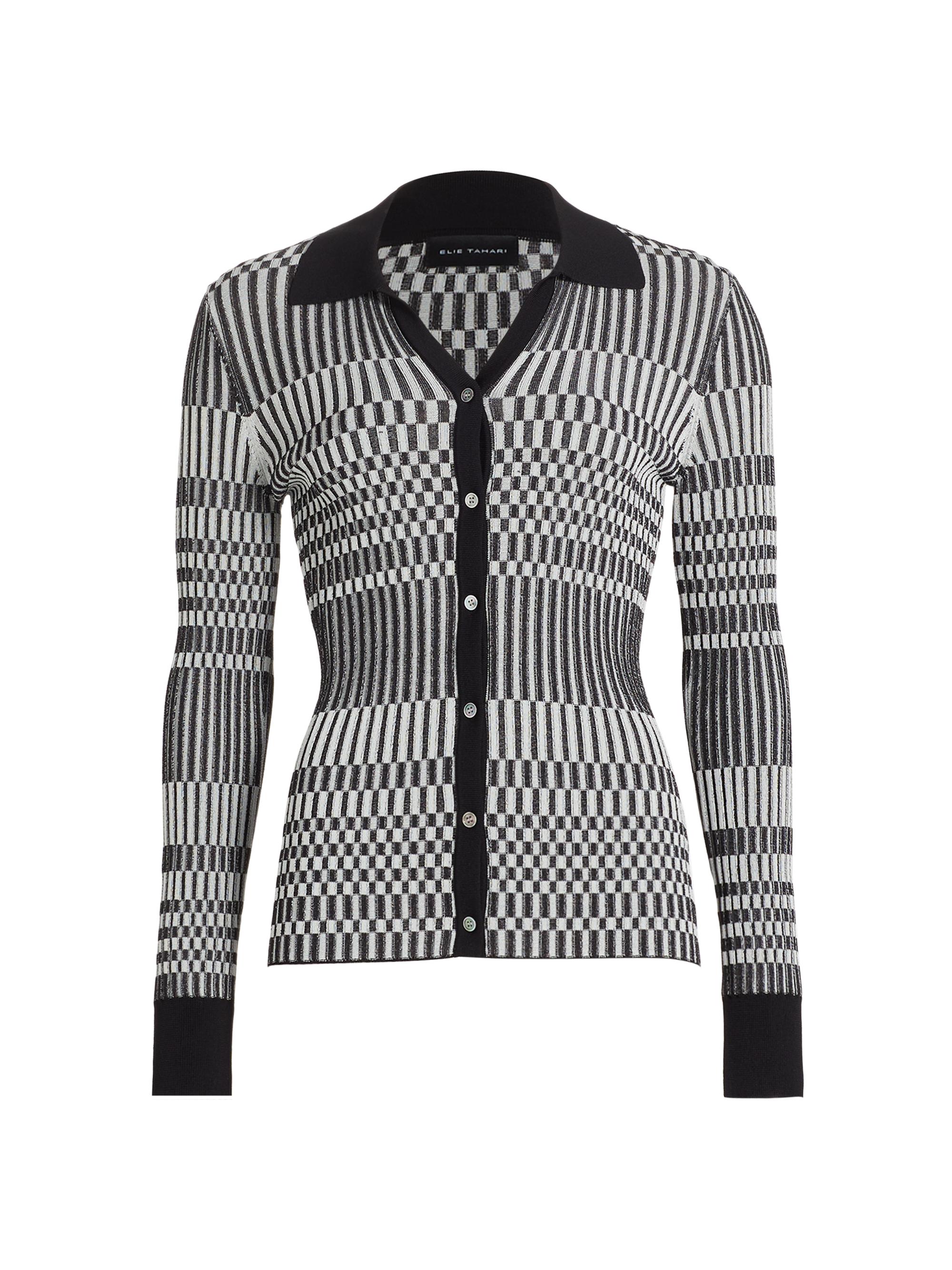 Elie Tahari Women's The Kai Checkerboard Knit Shirt - Noir Sky White