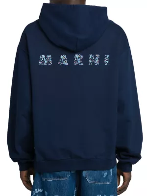 Marni logo-print cotton hoodie - Blue