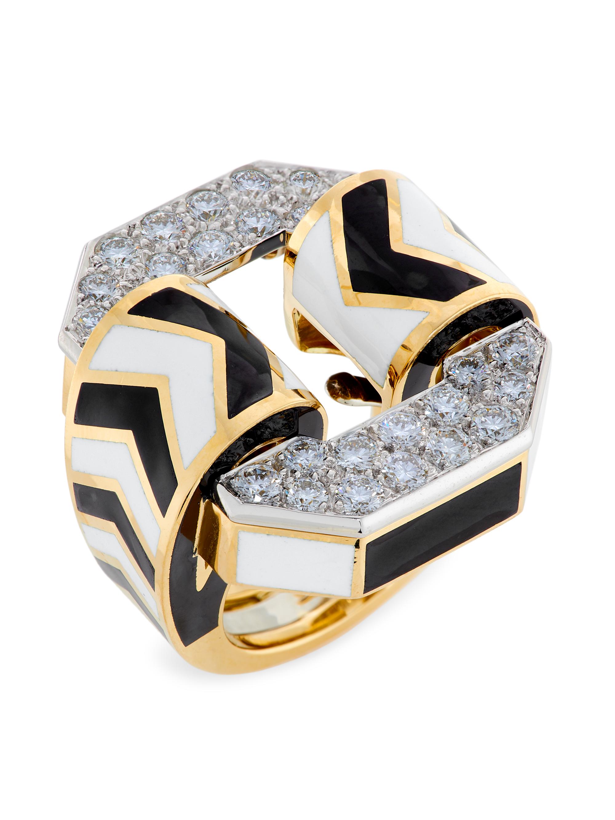 David Webb Women's 18K Yellow Gold, Platinum, Enamel & 2.35 TCW Diamond Chevron Ring - Gold