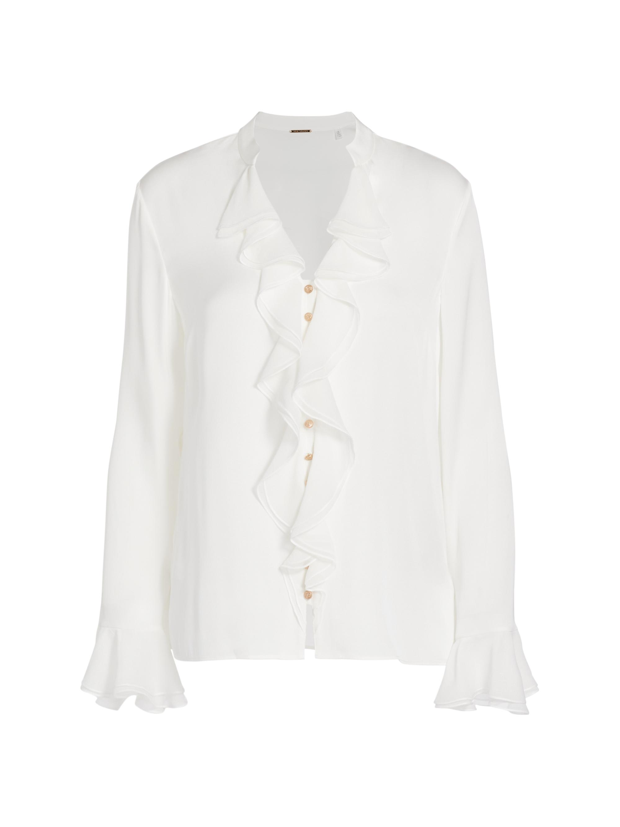 Elie Tahari Women's Ash Ruffled Stretch Silk Blouse - Sky White