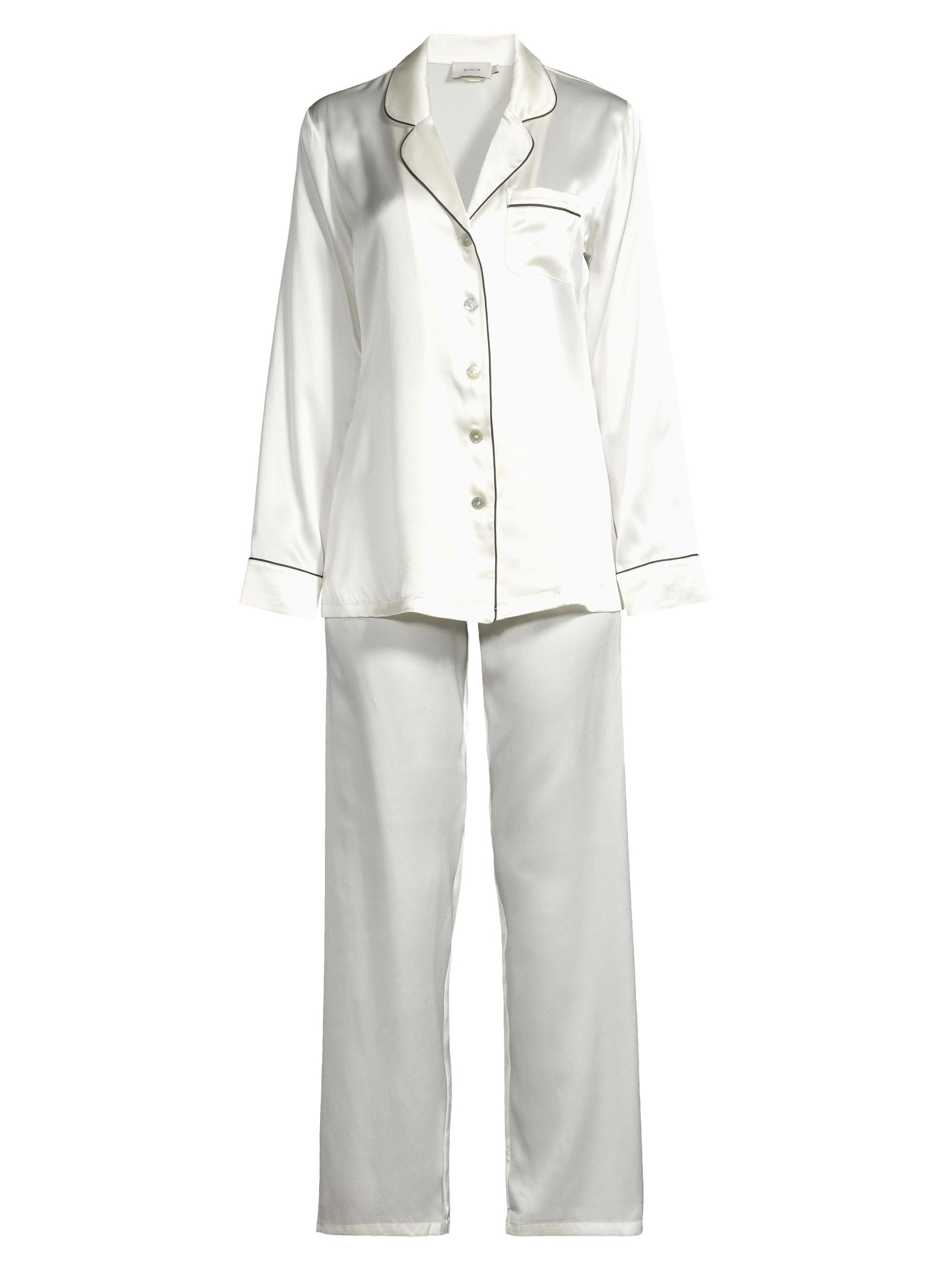 Ginia Women's Fine Finishes Silk 2-Piece Pajama Set - Creme Black Piping