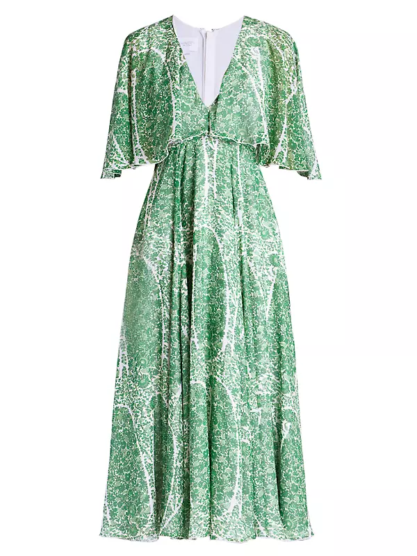 Floral Silk Flutter-Sleeve Midi-Dress