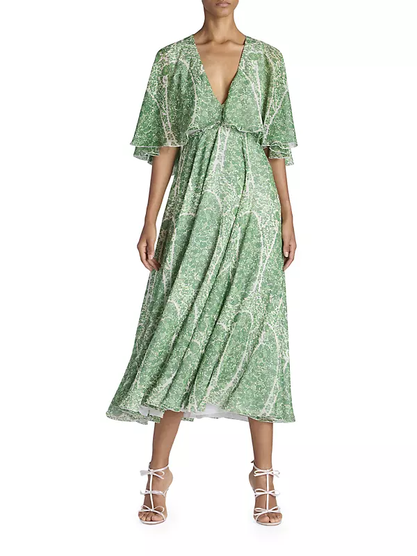 Floral Silk Flutter-Sleeve Midi-Dress