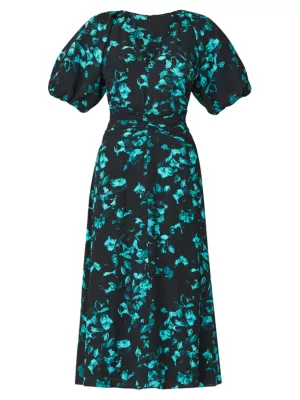 Shop Shoshanna Nala Floral Puff-Sleeve Midi-Dress | Saks Fifth Avenue