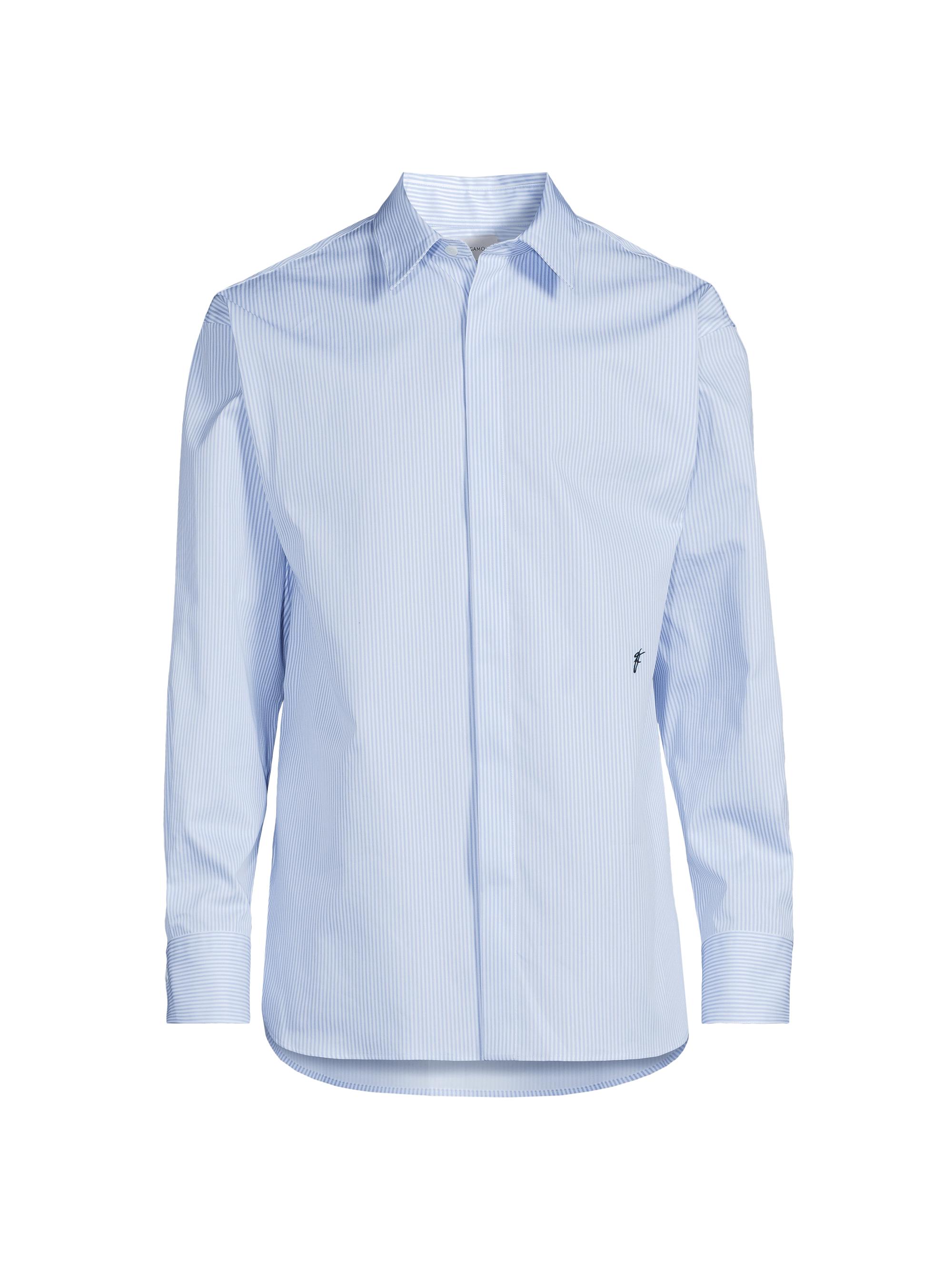 FERRAGAMO Men's Pinstriped Cotton Button-Front Shirt - Light Blue White