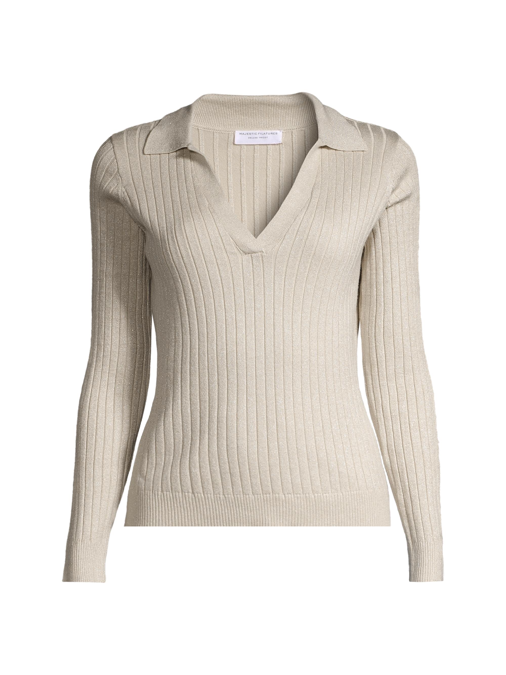 Majestic Filatures Women's Rib-Knit Metallic Cotton V-Neck Polo Sweater - Cloud