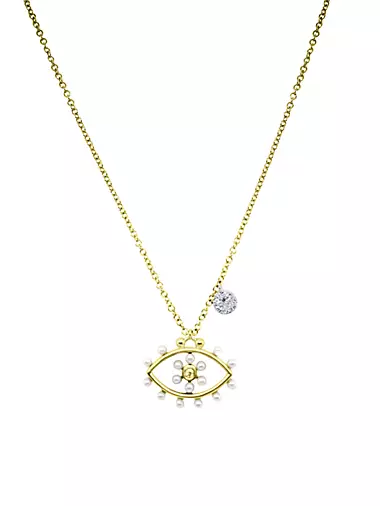 Two-Tone 14K Gold, Pearl & .07 TCW Diamond Evil Eye Necklace