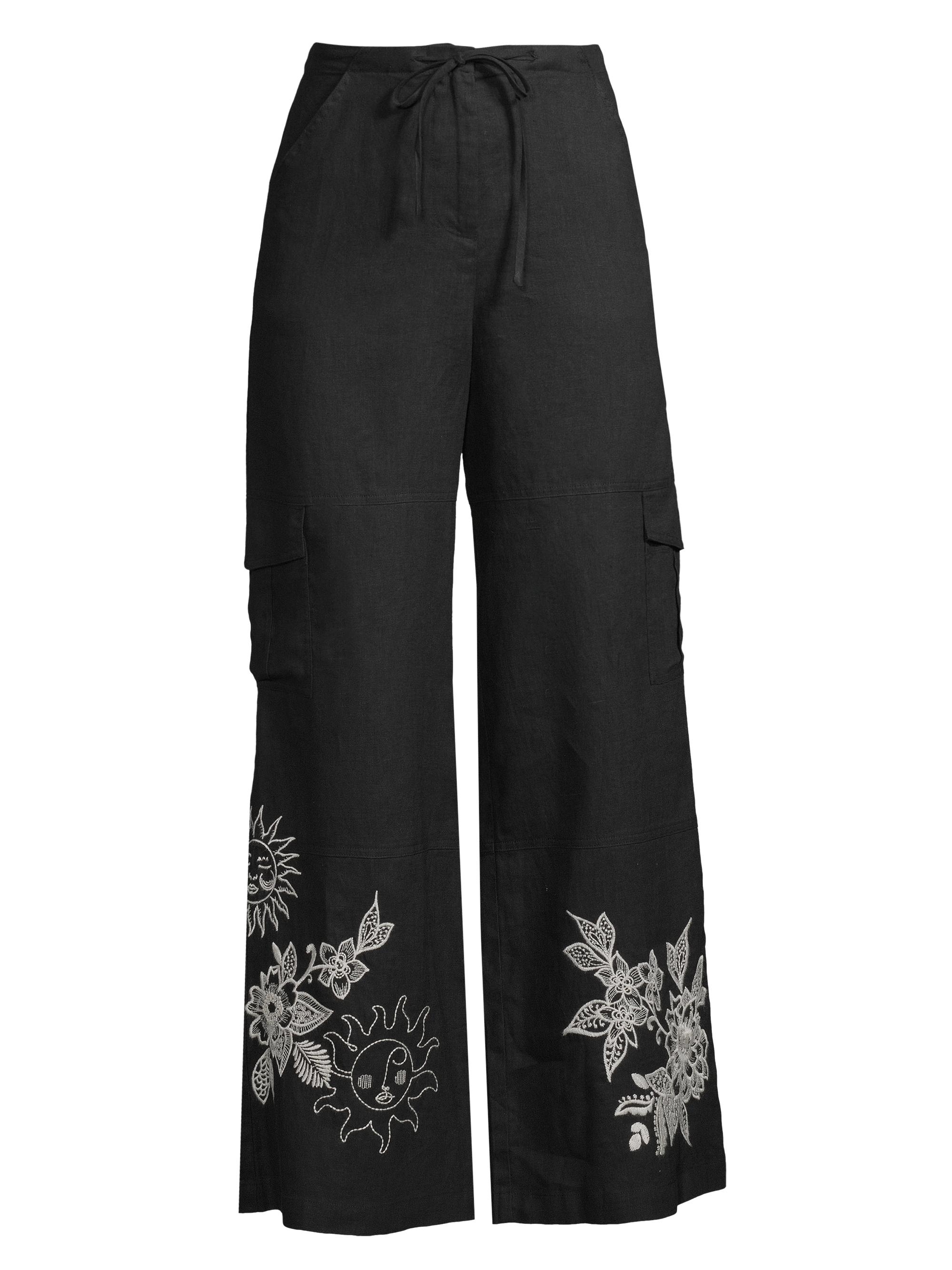 Johnny Was Women's Addison Embroidered Wide-Leg Linen Pants - Black