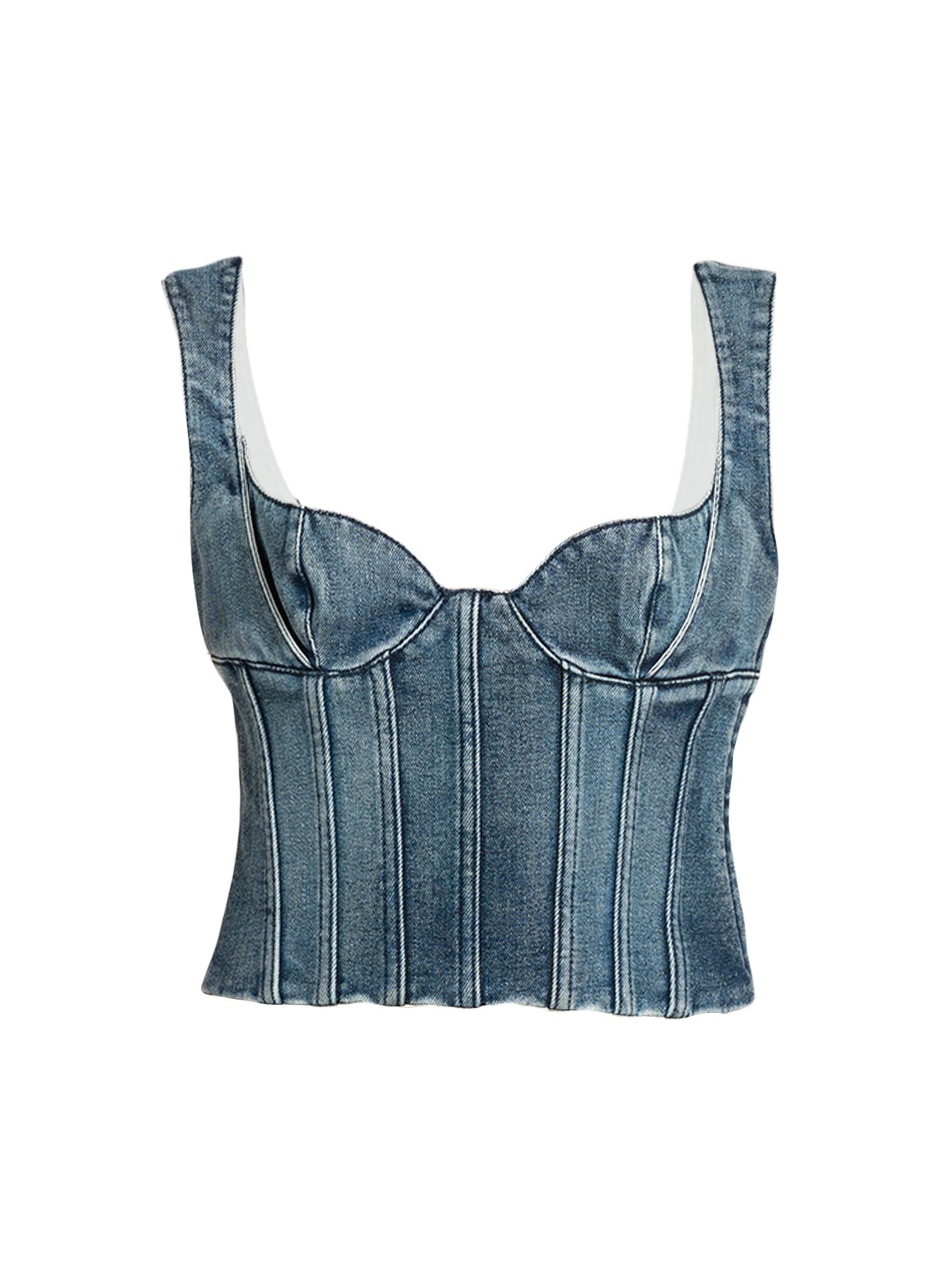 Off-White Women's Cotton Denim Crop Bustier Top - Extreme Wash Blue