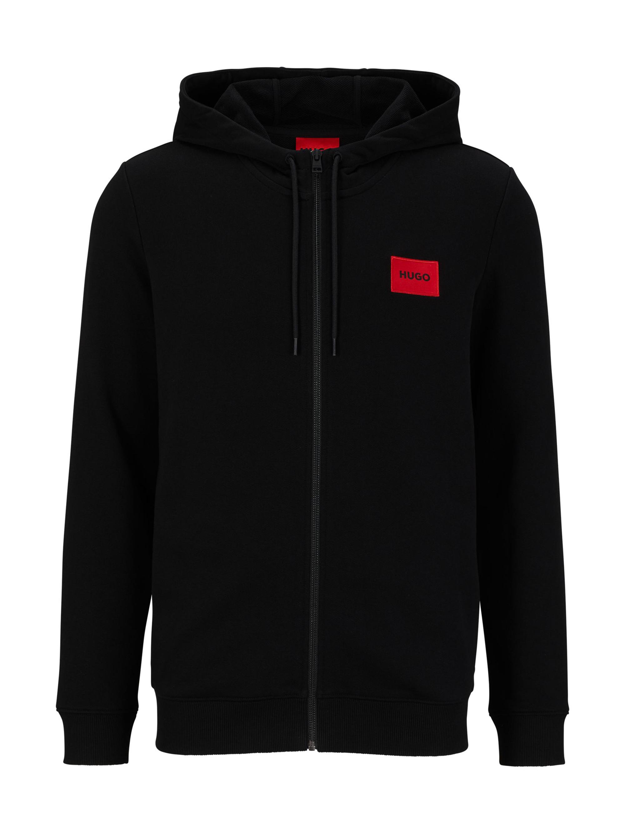 HUGO Men's Zip-Through Sweatshirt In Terry Cotton With Logo Patch - Black