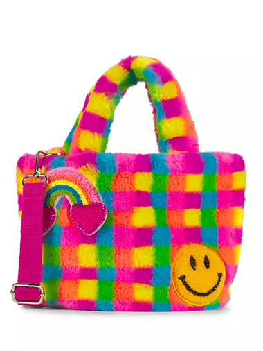Smiley Face & Rainbow Patch Rainbow Check Tote Bag