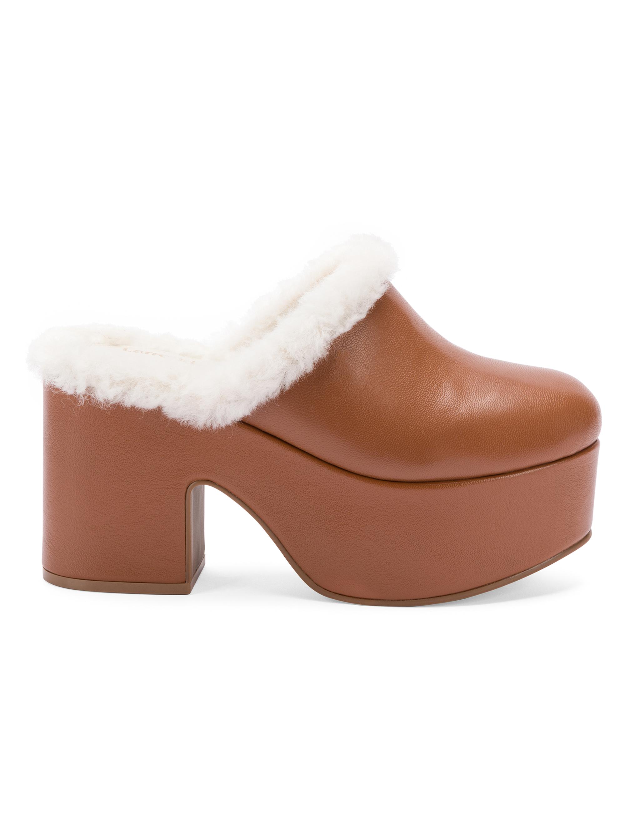 Larroudé Women's Miso 90MM Shearling-Lined Leather Platform Clogs - Caramel