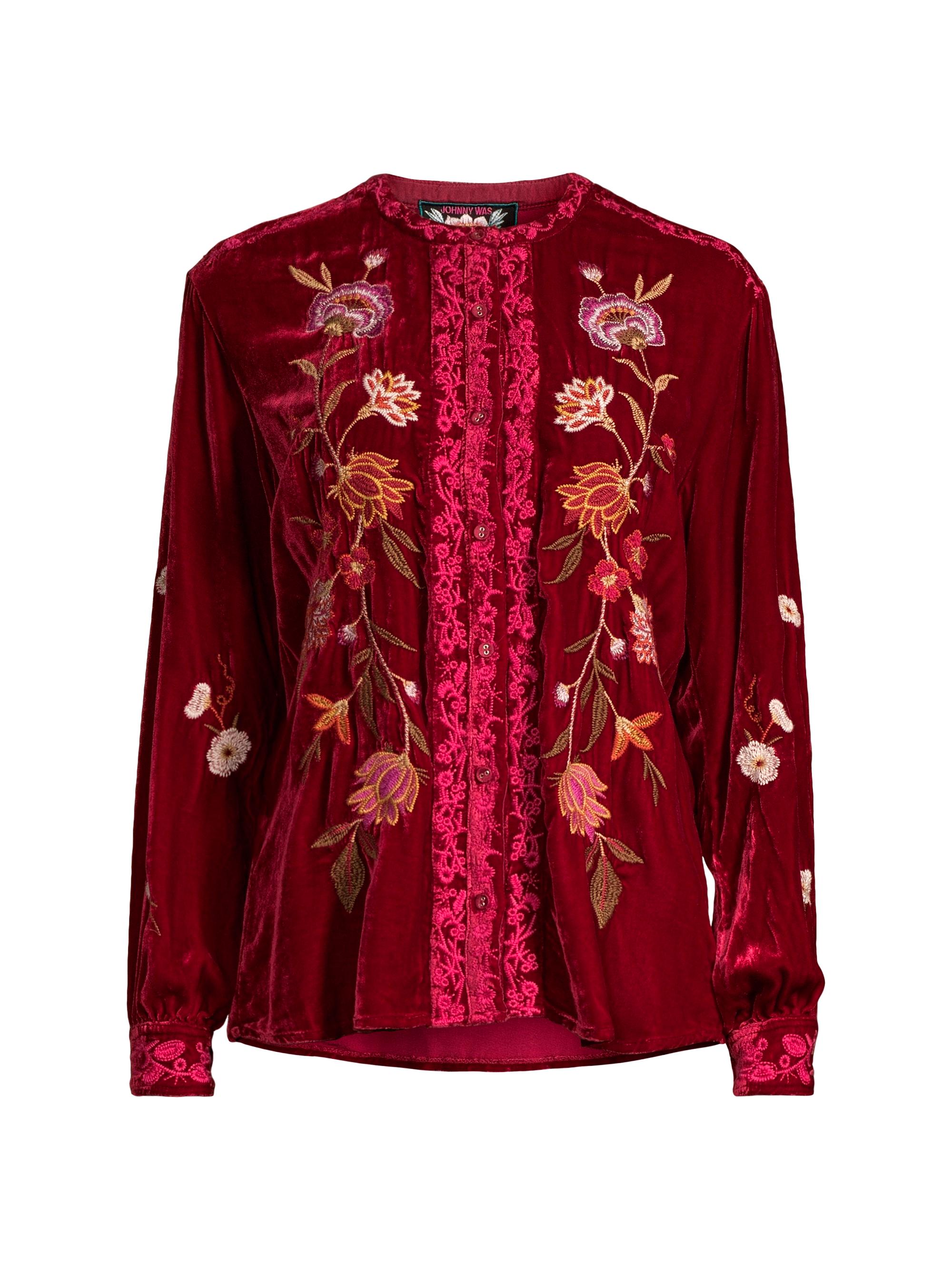 Johnny Was Women's Quinn Velvet Embroidered Top - Rich Red