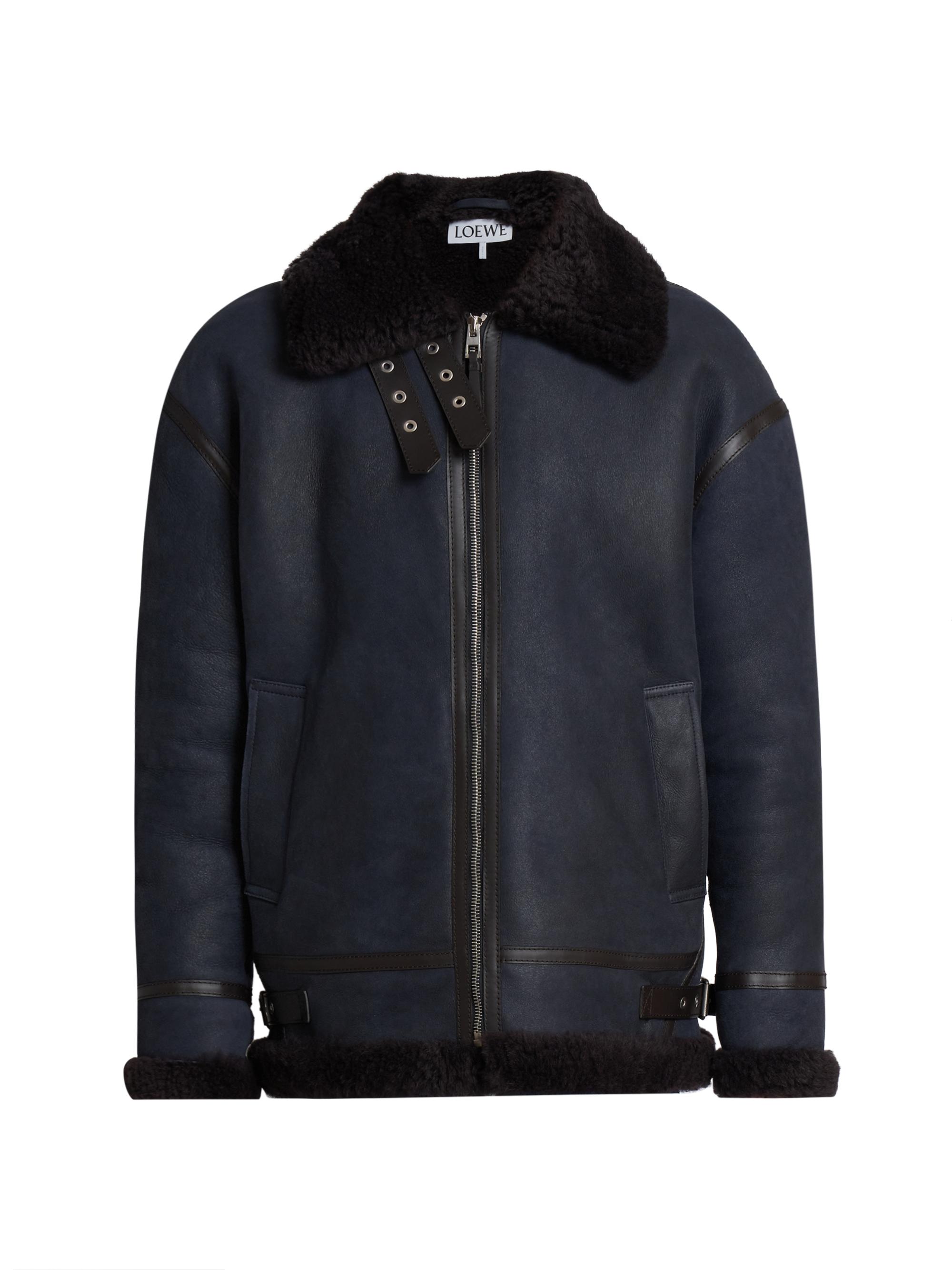 LOEWE Men's Leather Aviator Jacket - Brown Navy Blue