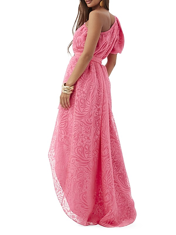 Shop Trina Turk Afloat One-Shoulder Lace High-Low Dress Shop Trina Turk Afloat One-Shoulder Lace High-Low Dress