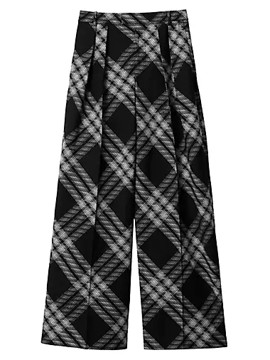 Check Wool Pleated-Front Pants