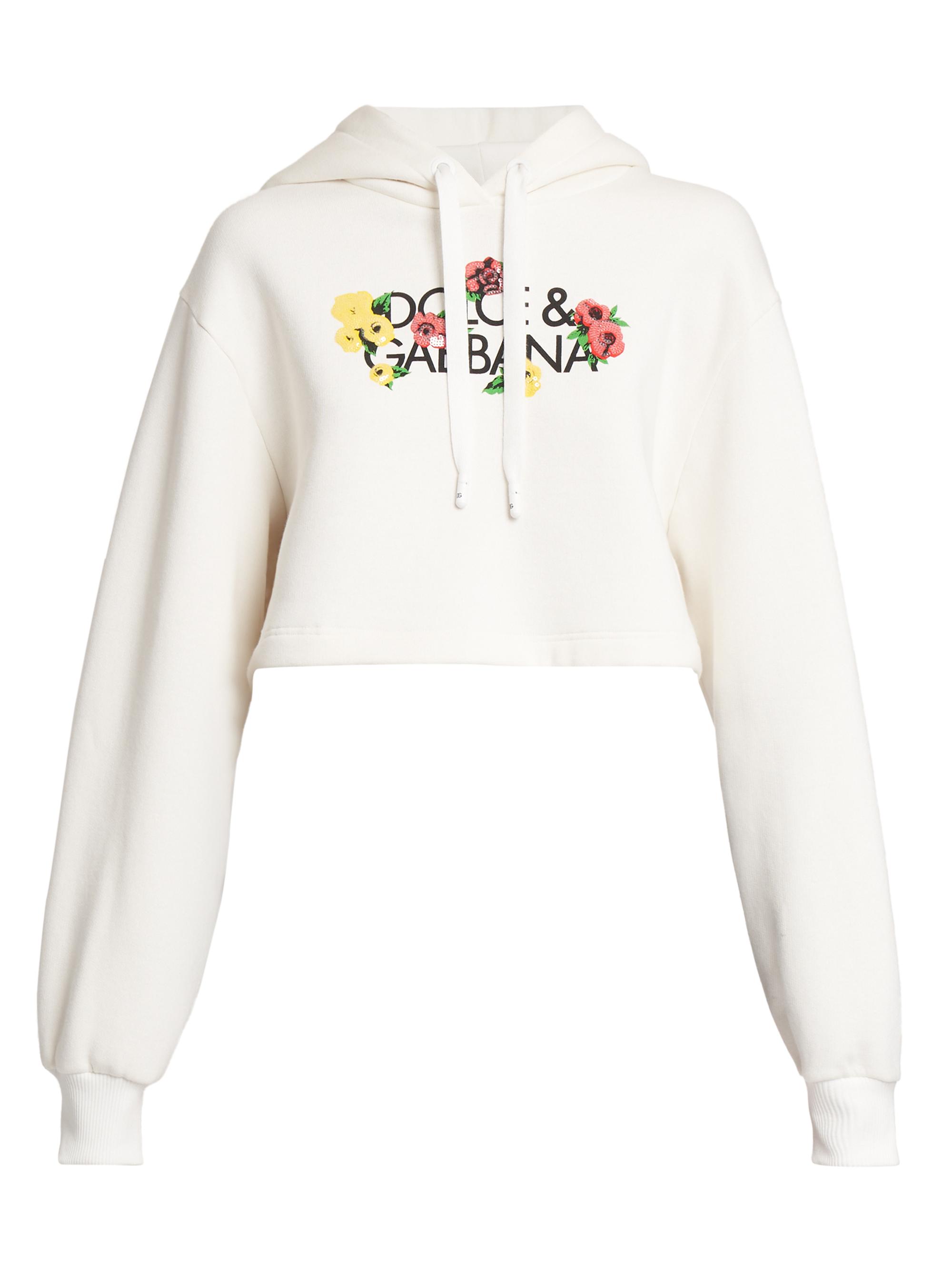 Dolce & Gabbana Women's Floral Logo Cotton Crop Hoodie - White