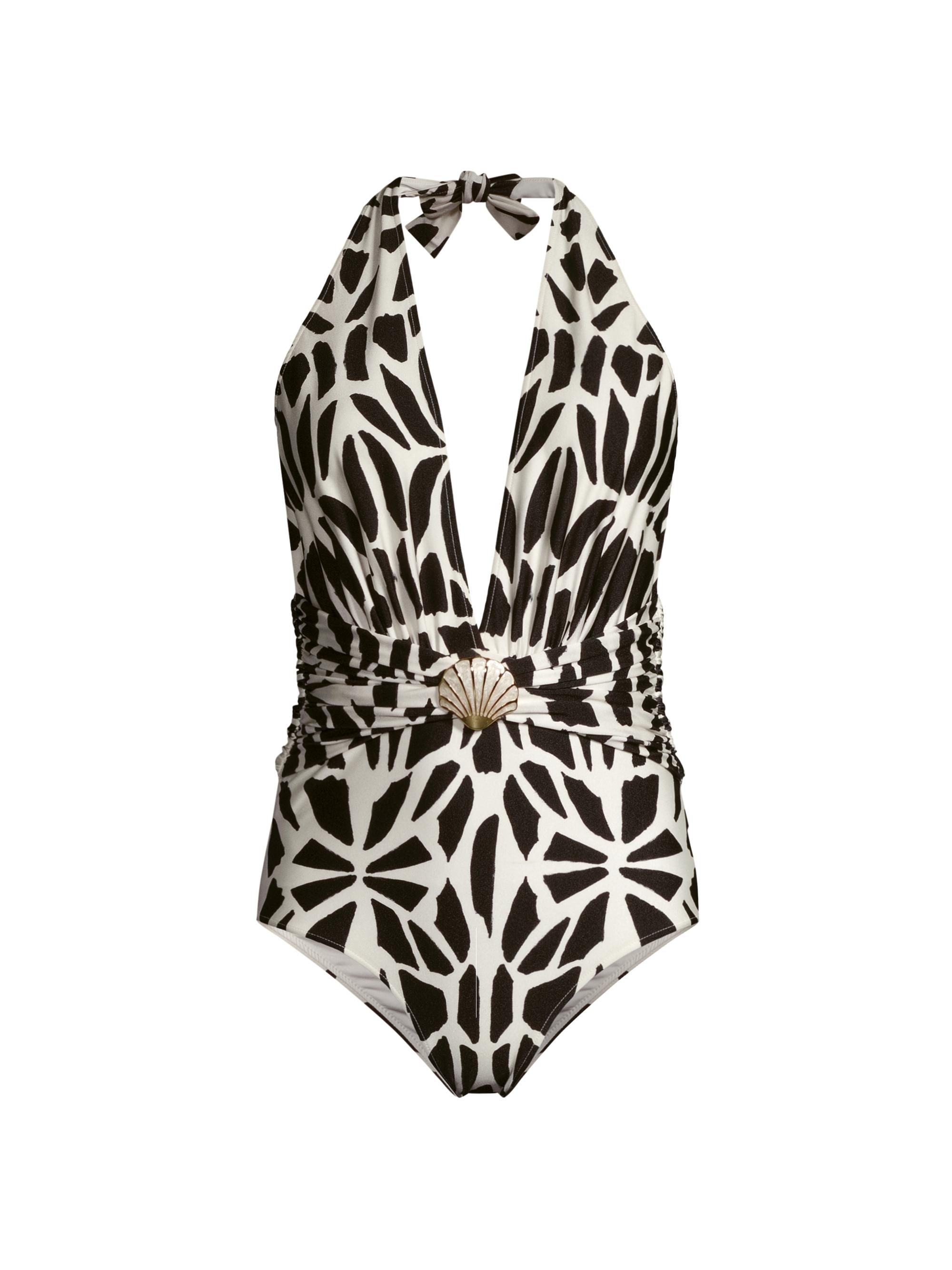 PatBO Women's Geometric Plunge Halter One-Piece Swimsuit - Black White