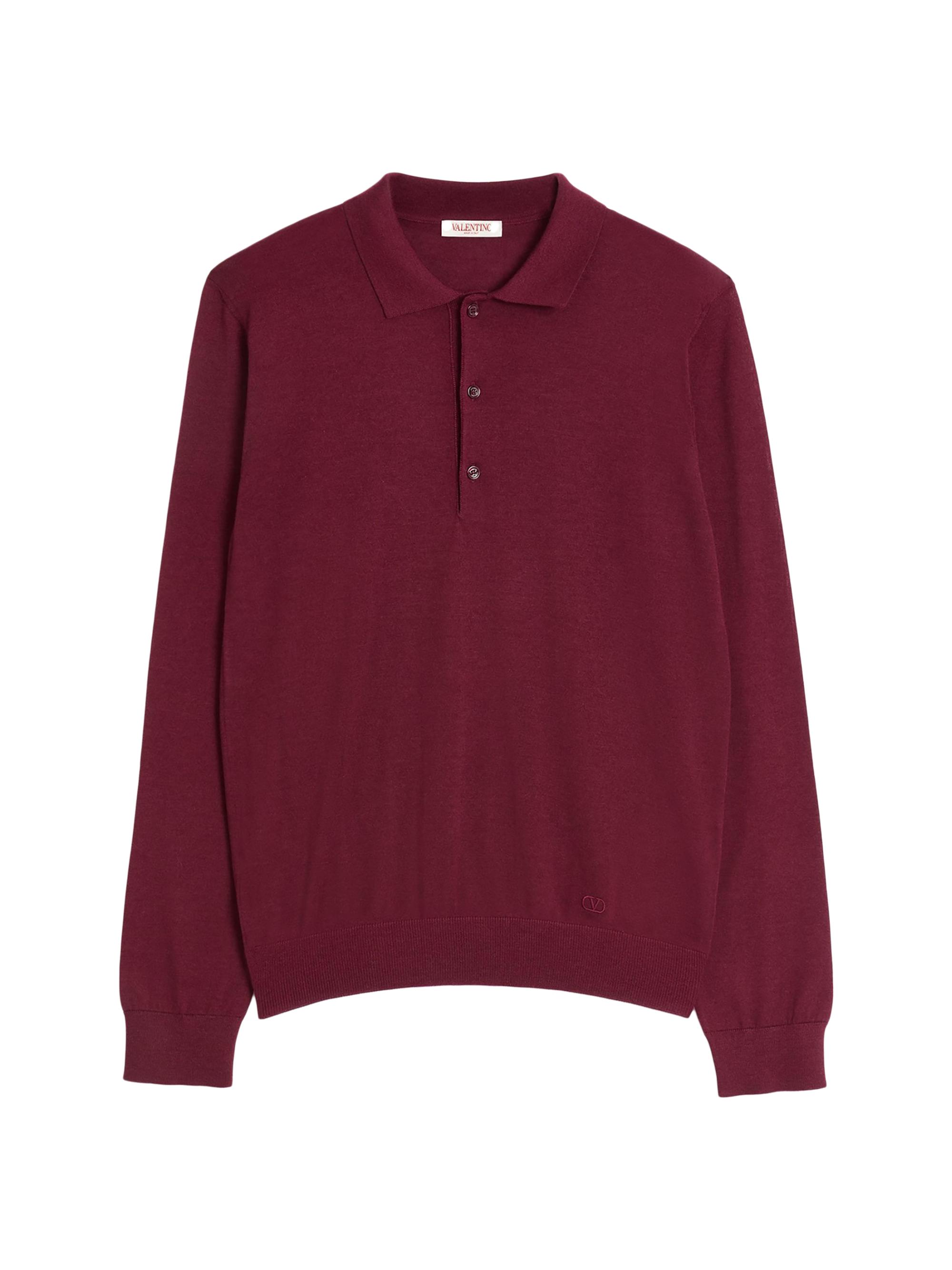 Valentino Garavani Men's Long Sleeve Cashmere & Silk Polo Shirt With V Logo Signature Embroidery - Rubin