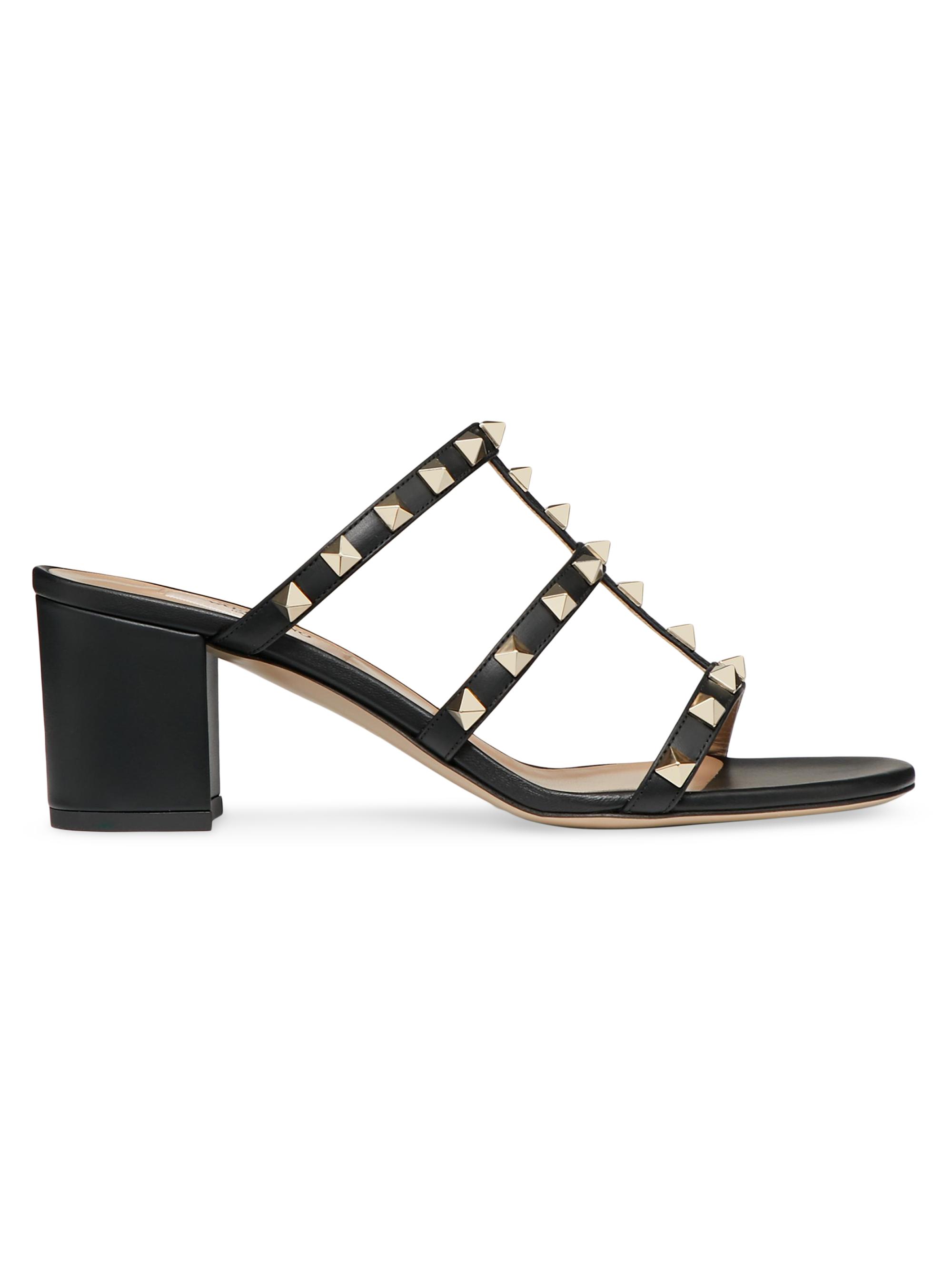 Valentino Garavani Women's Rockstud Calfskin Leather Slide Sandals 60MM - Black