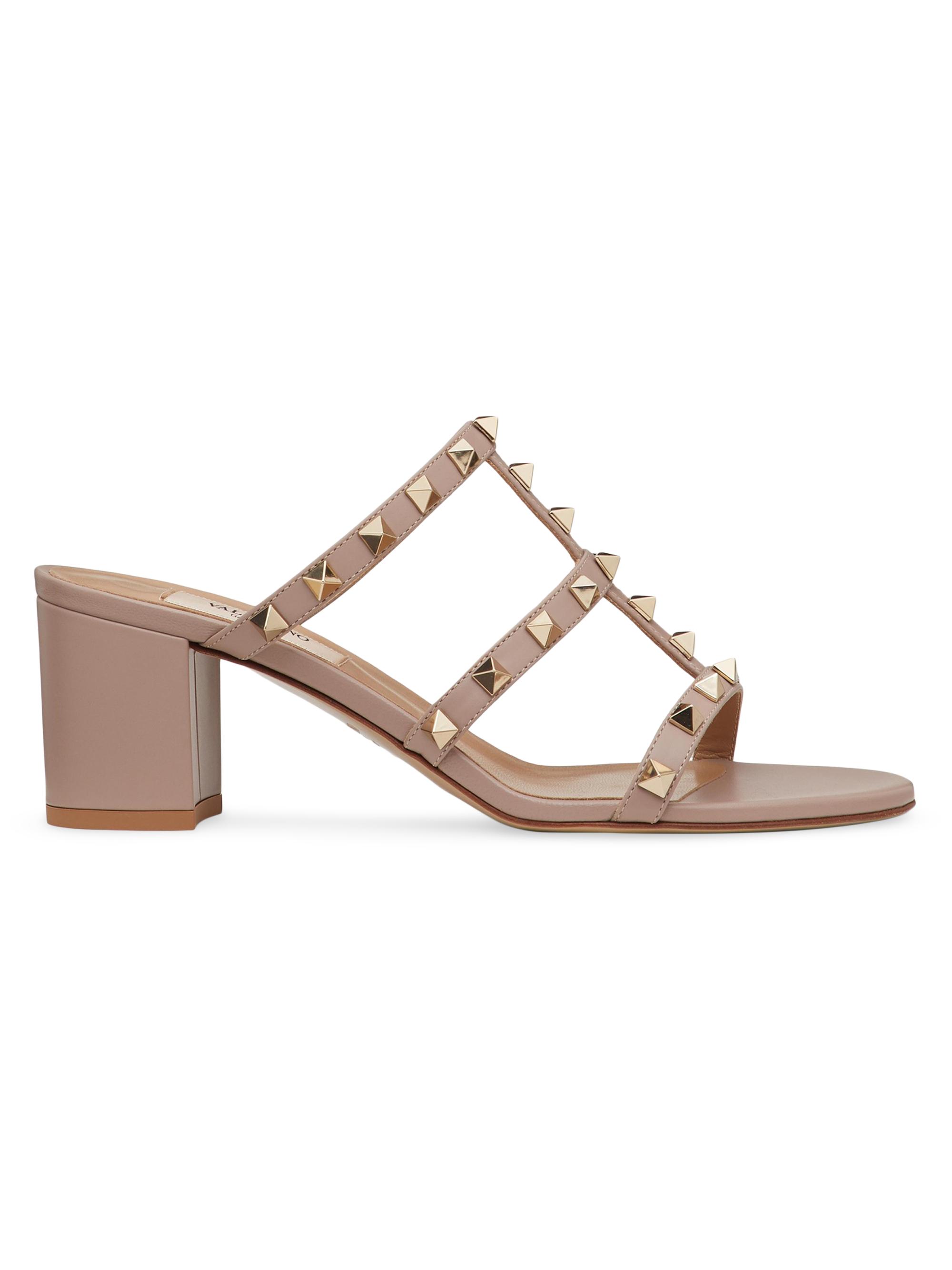 Valentino Garavani Women's Rockstud Calfskin Leather Slide Sandals 60MM - Poudre