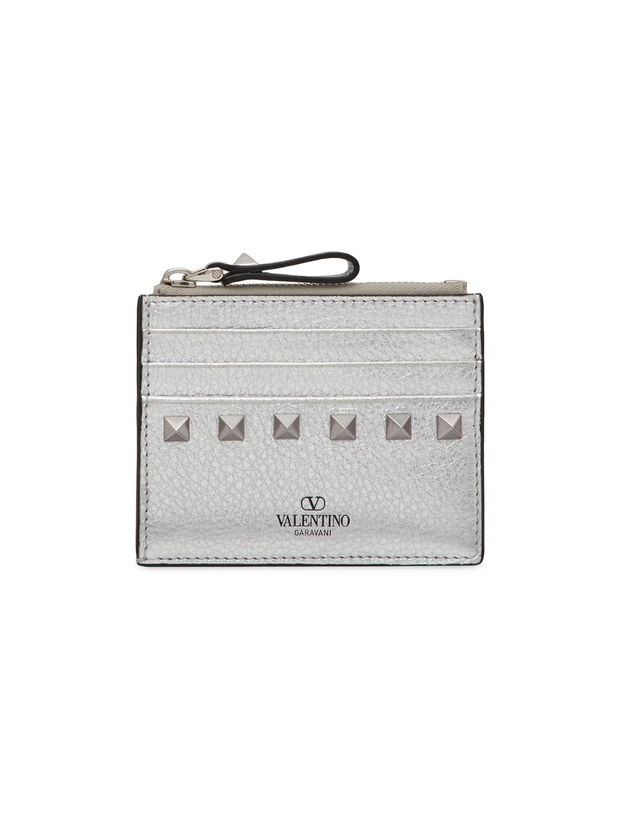 Valentino Garavani Women's Rockstud Grainy Metallic Calfskin Card Holder With Zipper - Silver
