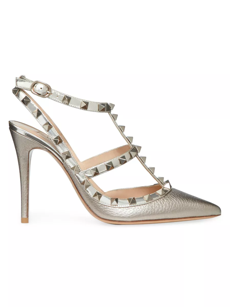 Shop Valentino Garavani Rockstud Metallic Ankle Strap Pumps