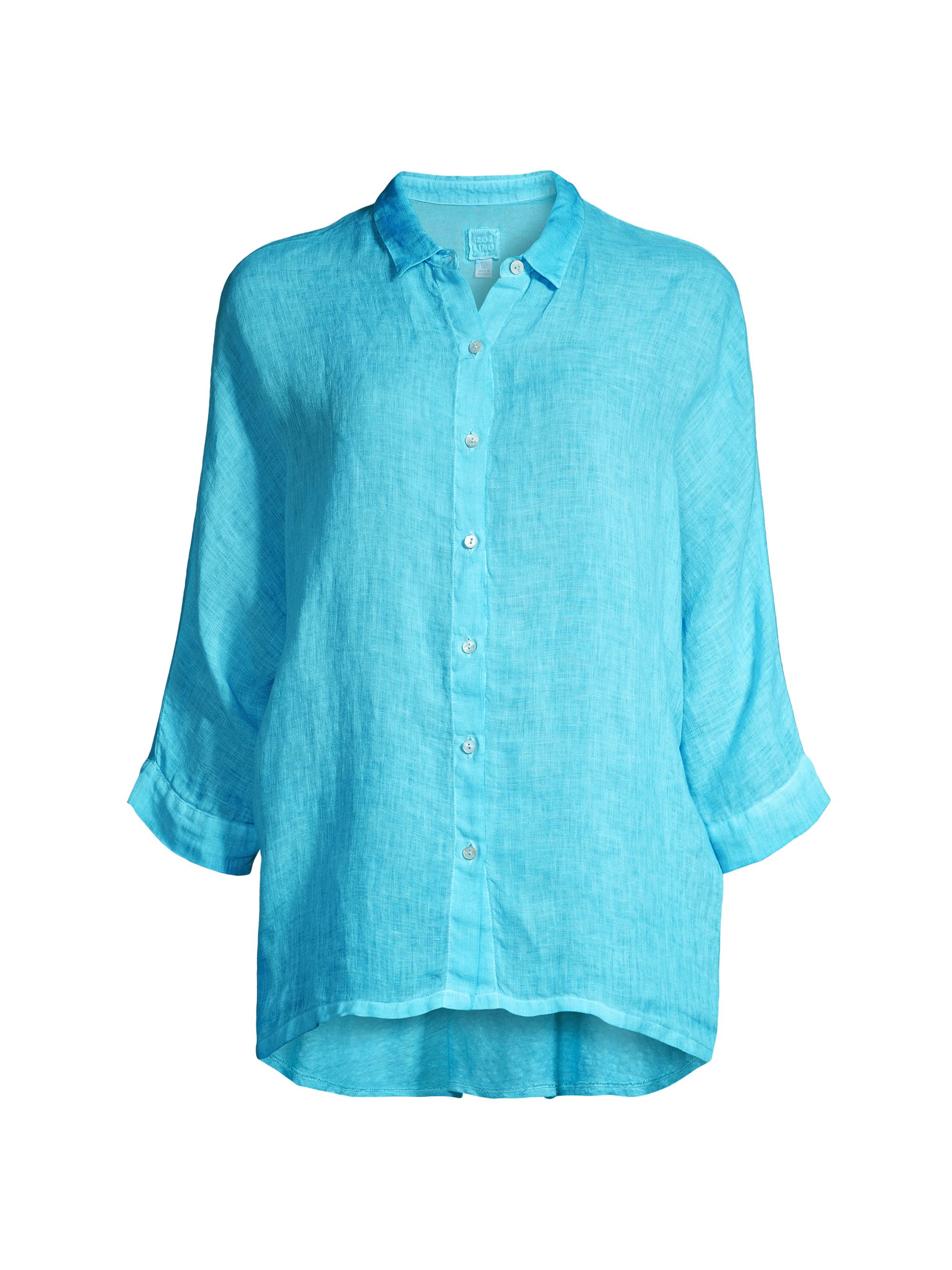 120% Lino Women's Linen Buttoned Shirt - Turquoise Soft Fade