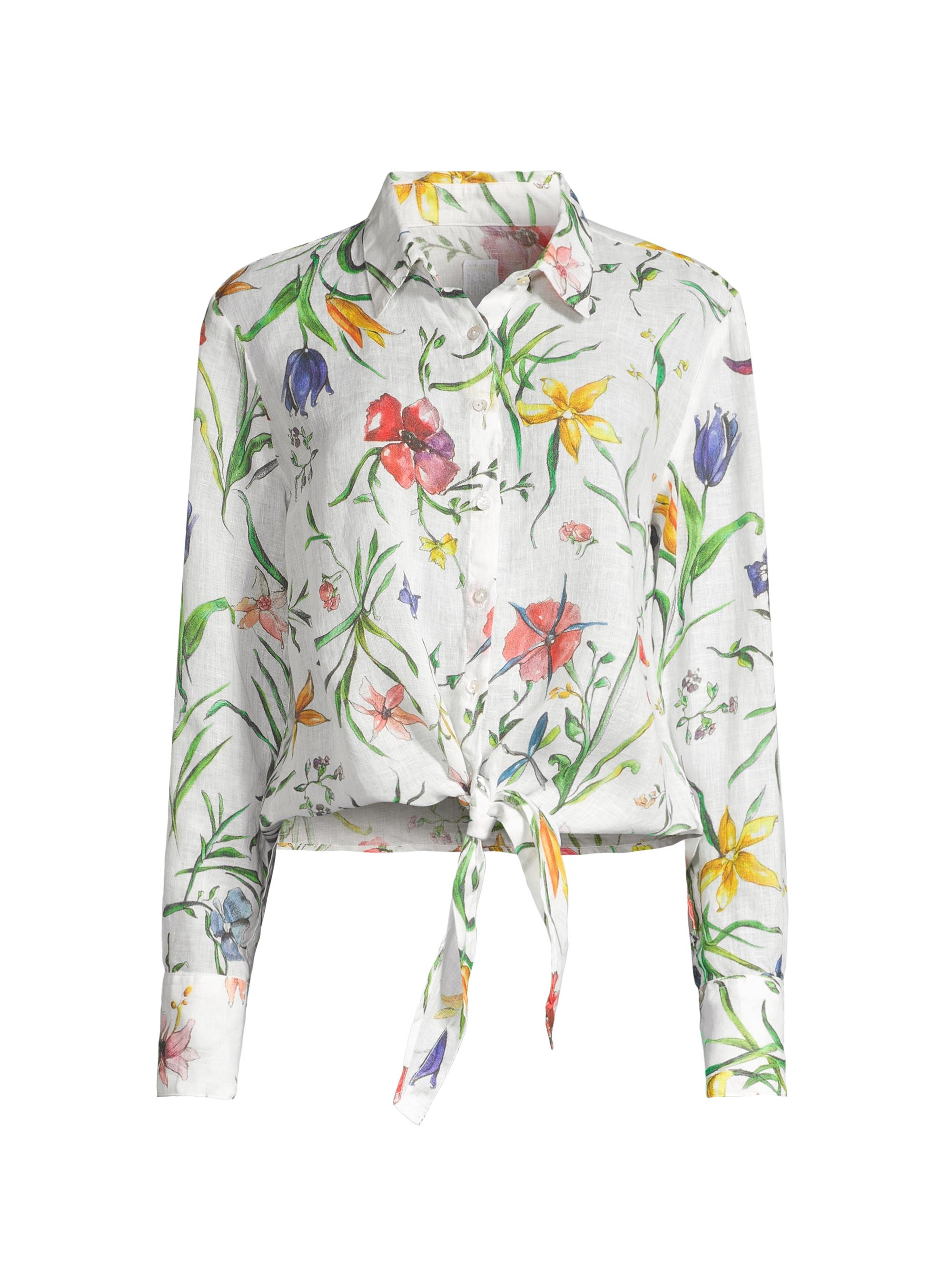 120% Lino Women's Linen Floral Tie Blouse - Provence