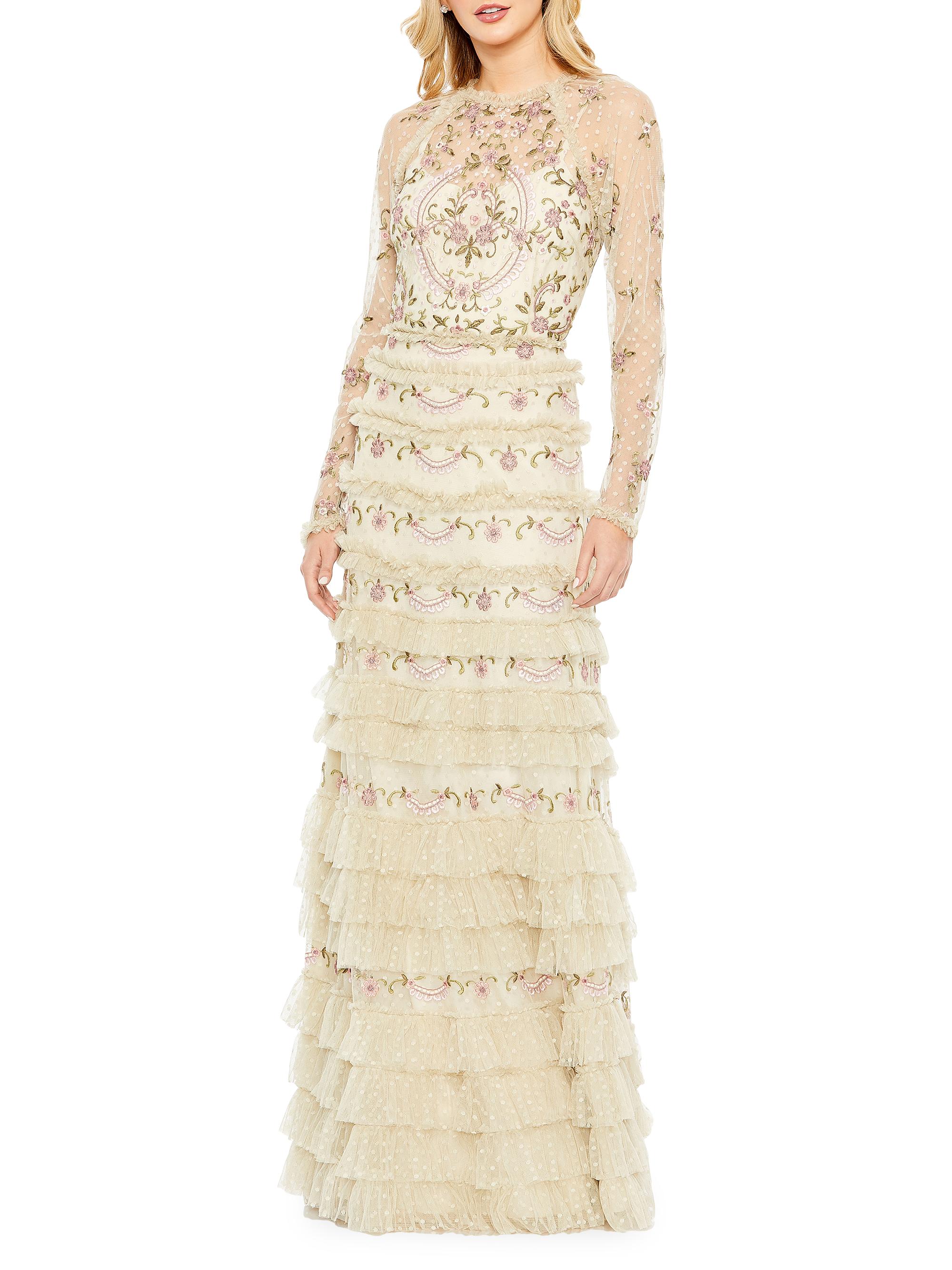 Mac Duggal Women's Polka-Dot & Floral-Embroidered Gown - Taupe Multi