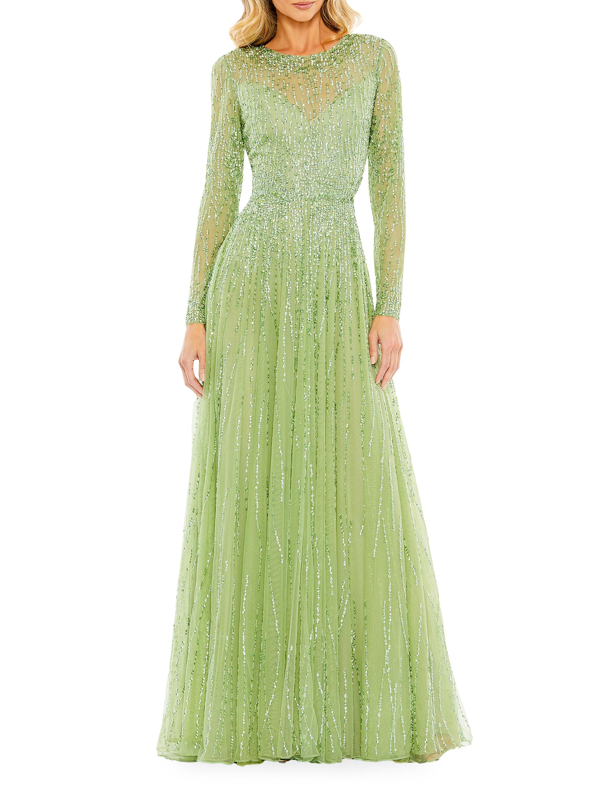 Mac Duggal Women's Sequined Long-Sleeve Illusion Gown - Sage