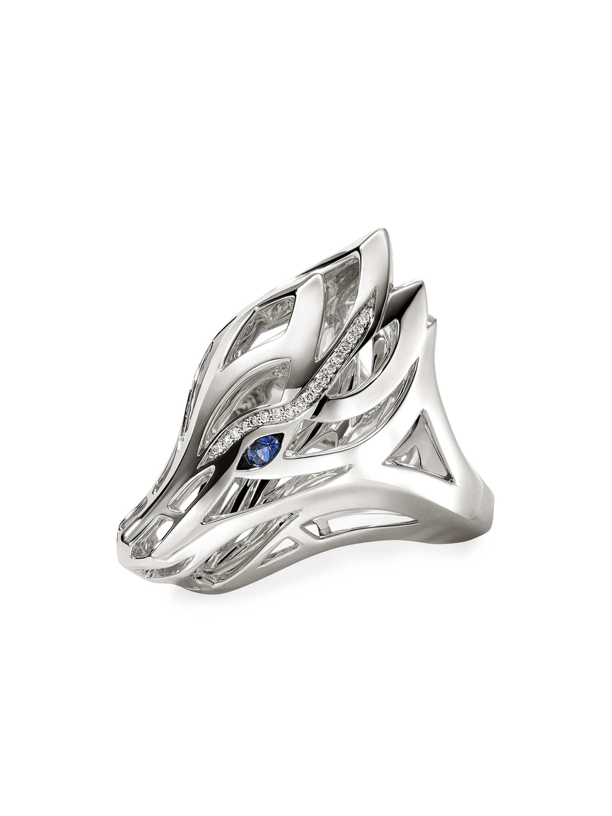 John Hardy Women's Naga Dragon Sterling Silver, 0.14 TCW Diamond & Blue Sapphire Saddle Ring - Silver