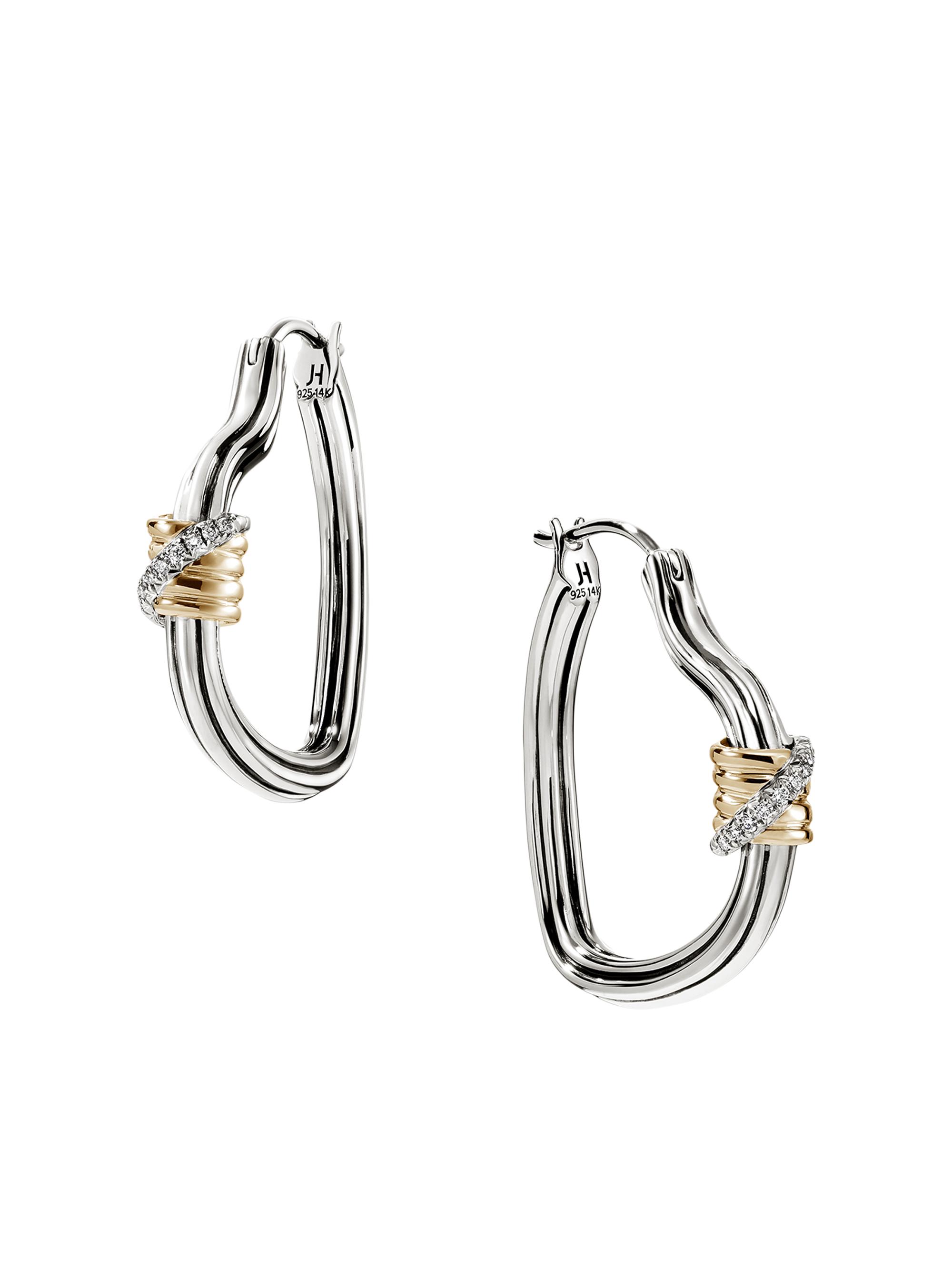 John Hardy Women's Bamboo Sterling Silver, 14K Yellow Gold & 0.07 TCW Diamond Hoop Earrings - Silver Gold
