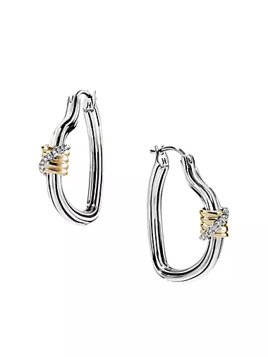 Bamboo Sterling Silver, 14K Yellow Gold & 0.07 TCW Diamond Hoop Earrings