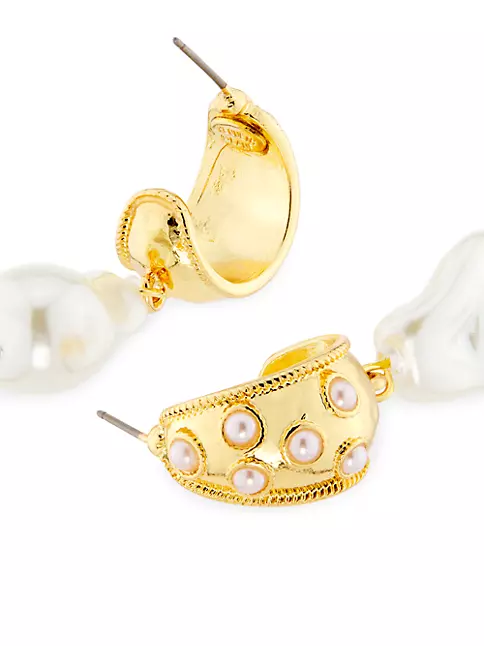 Kenneth Jay Lane Gold Half Hoop with Pearl Dots Drop Earrings