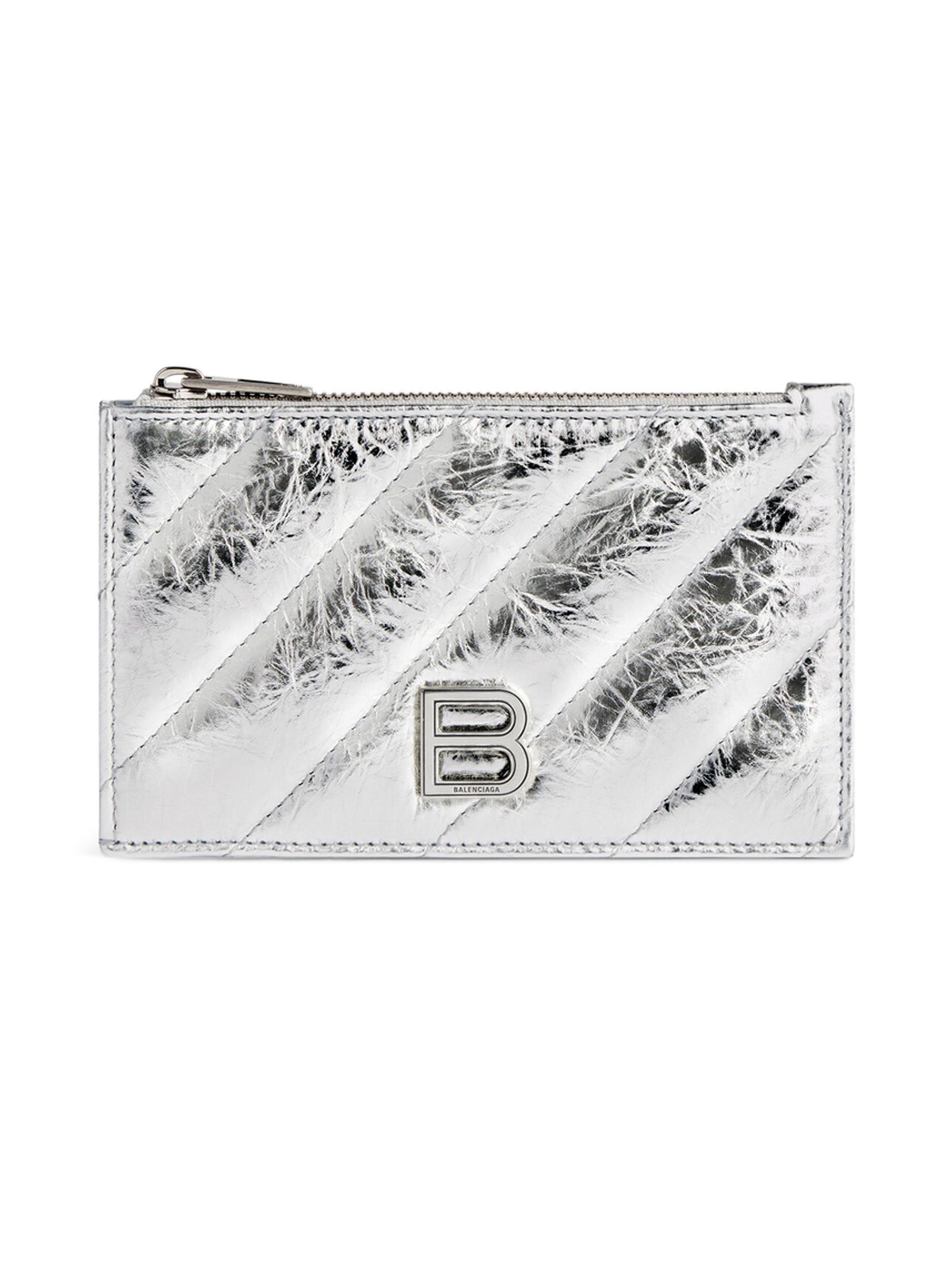 Balenciaga Women's Crush Long Coin and Card Holder Metallized Quilted - Silver